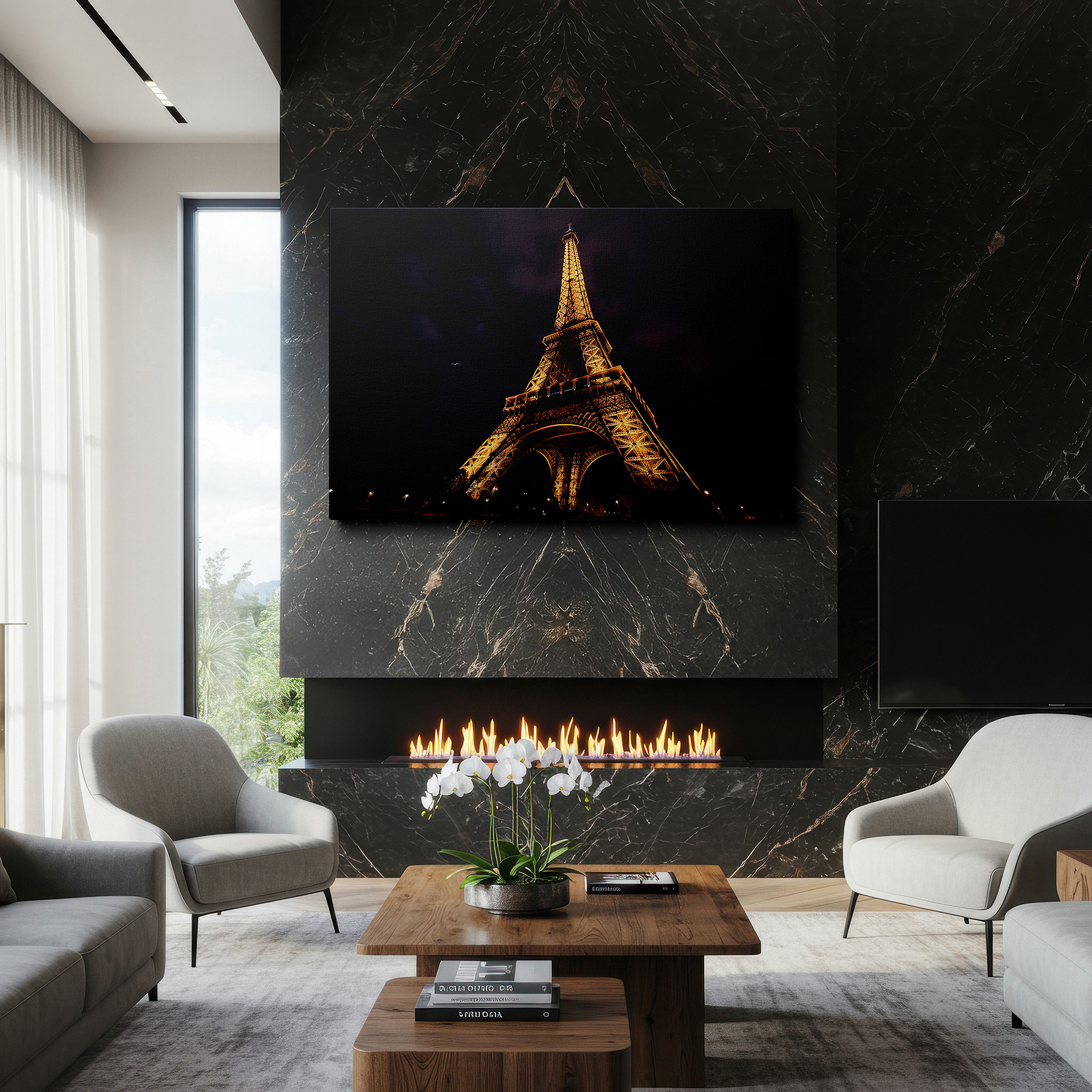 Displayed above a contemporary leather sofa in warm light — elegant parisian and architectural splendor of the eiffel tower at night large wall art, canvas wall art, wall decor, office wall art