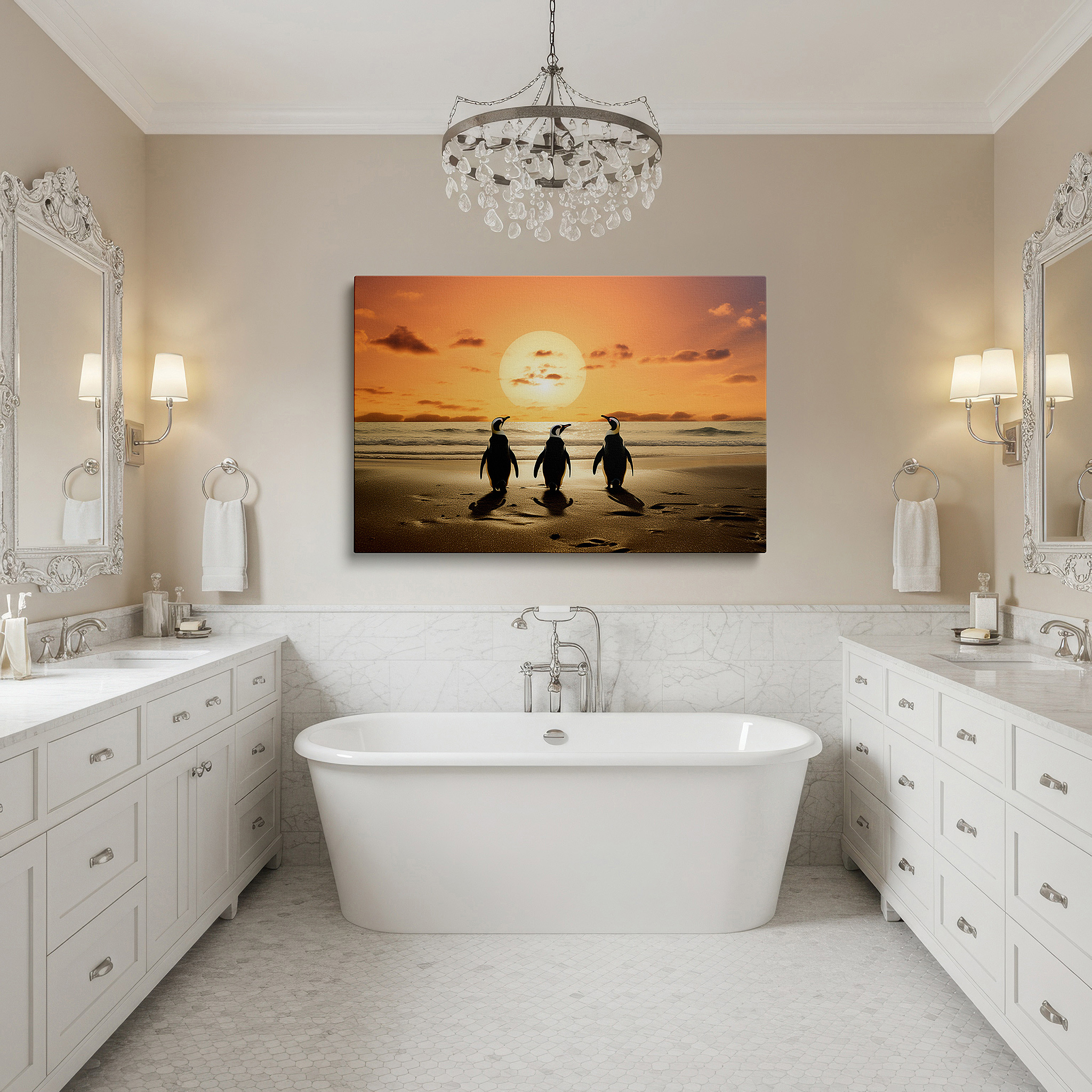 Displayed above a contemporary leather sofa in warm light — emperor penguins on a sandy beach at sunset: serene nature encounter - large canvas wall art for office decor