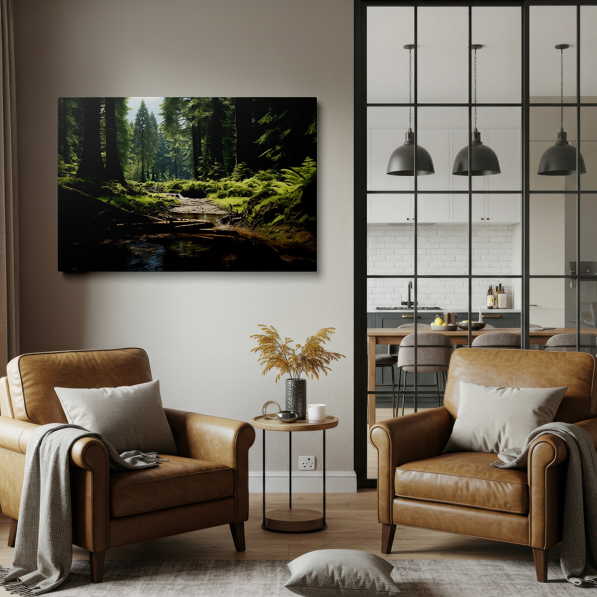 Displayed above a contemporary leather sofa in warm light — enchanted forest landscape with sunlit trees and peaceful stream, large canvas wall art for home and office decor