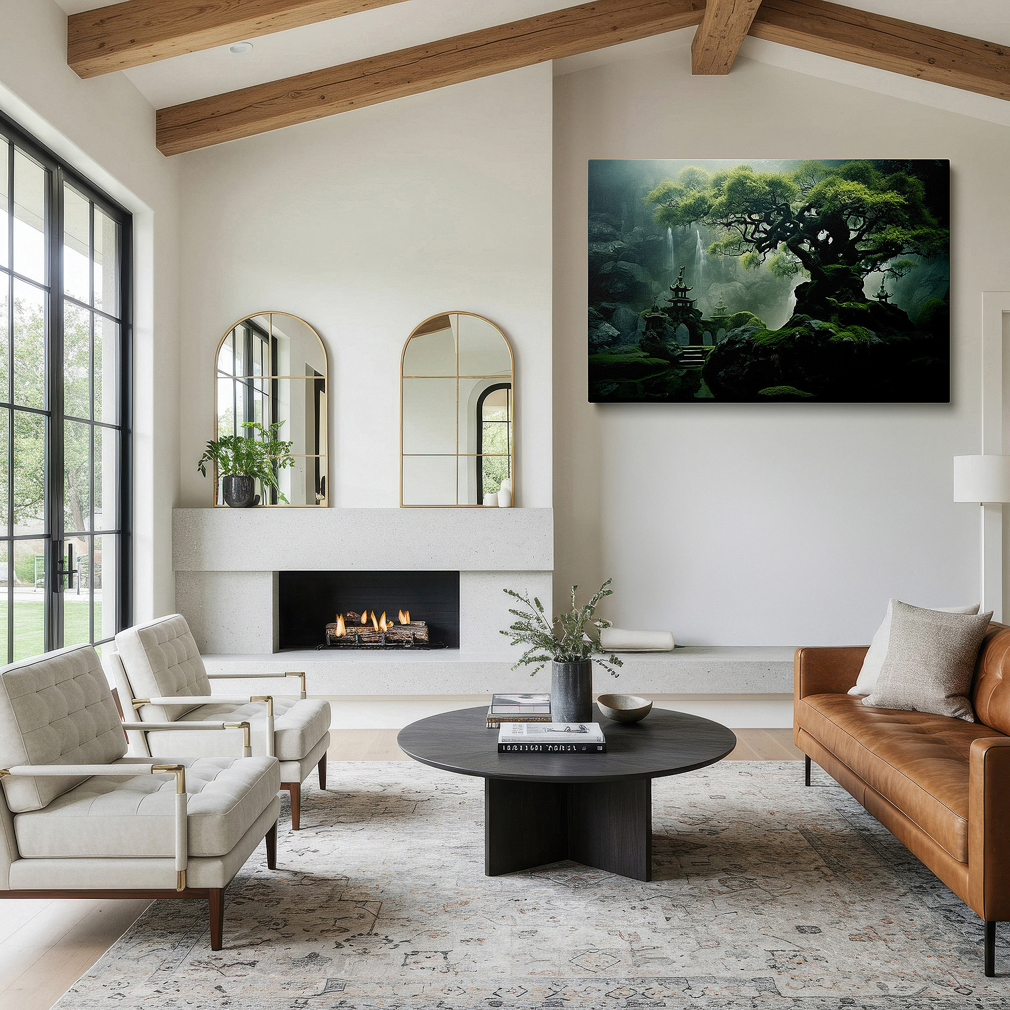 Displayed above a contemporary leather sofa in warm light — enchanting landscape featuring eternal tree, jagged stones, and graceful pagoda in fog - large canvas wall art for office and bedroom decor
