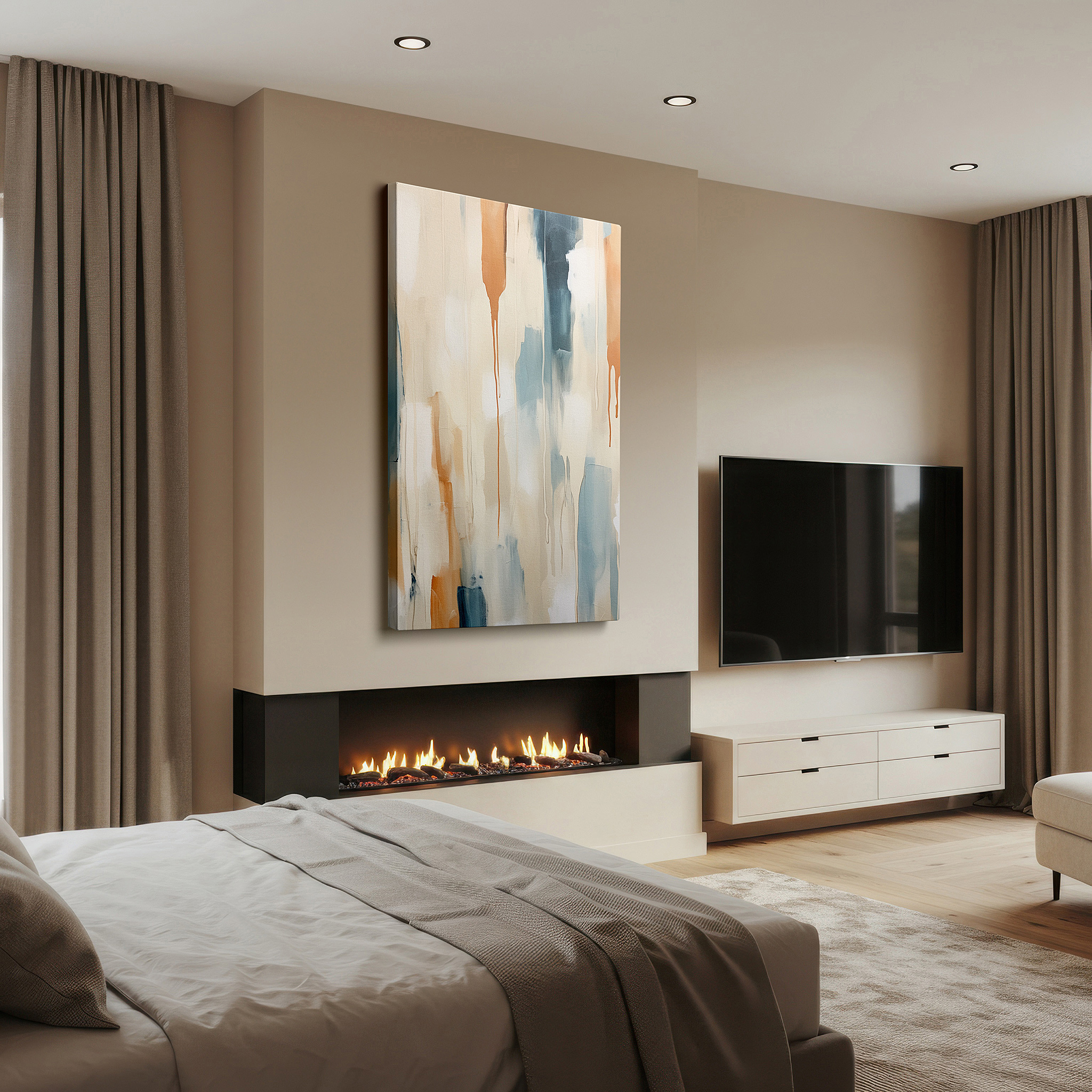 Displayed above a contemporary leather sofa in warm light — enhance room ambiance with serene pastel palette and soothing dripping techniques: large wall art, canvas wall art, wall art decor for offices and bedrooms