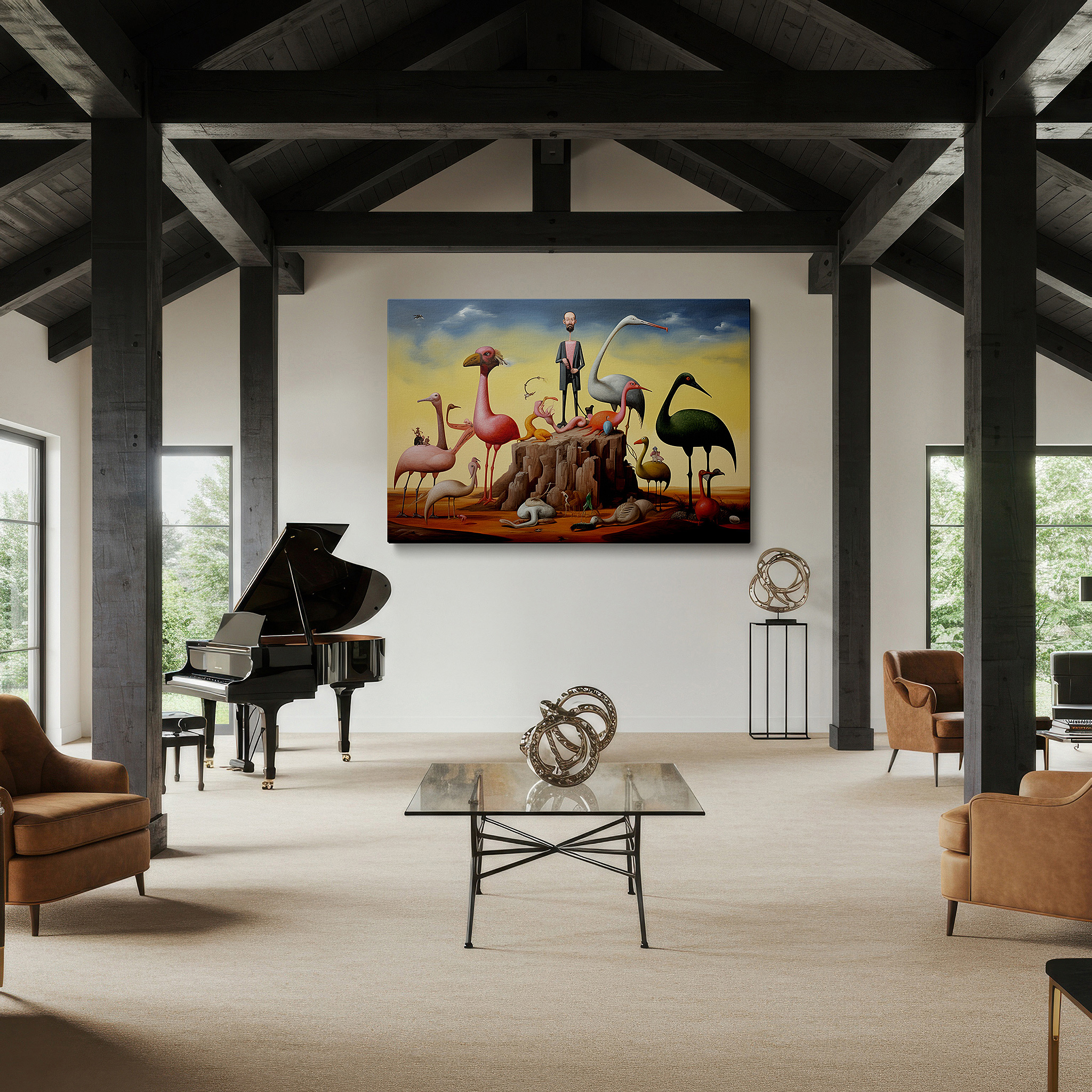 Displayed above a contemporary leather sofa in warm light — flamingos in a surreal dreamscape: ethereal light and psyche visual narrative, large canvas wall art for home and office decor