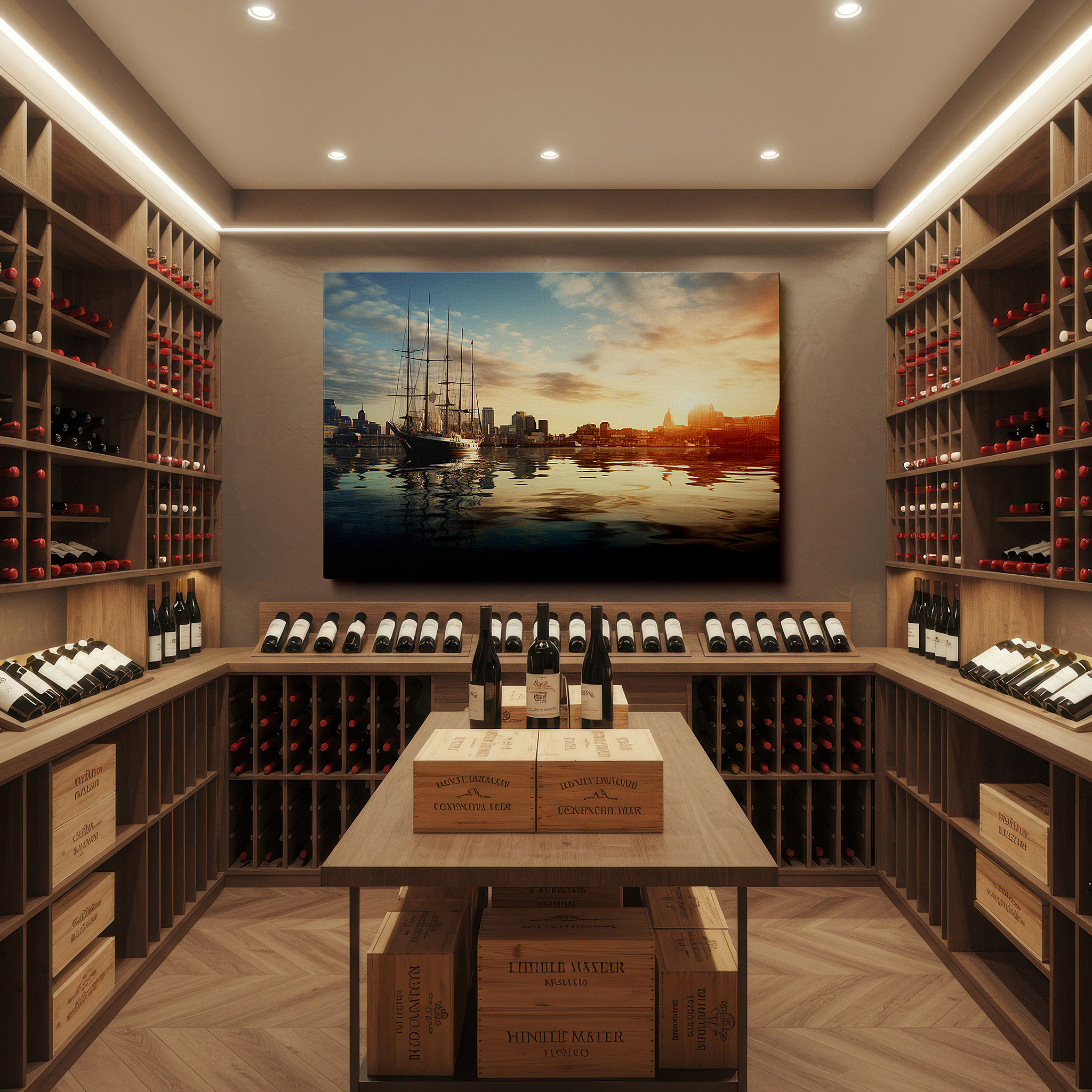 Displayed above a contemporary leather sofa in warm light — golden sunset reflection: serene maritime and bustling cityscape large wall art, canvas decor for office and bedroom
