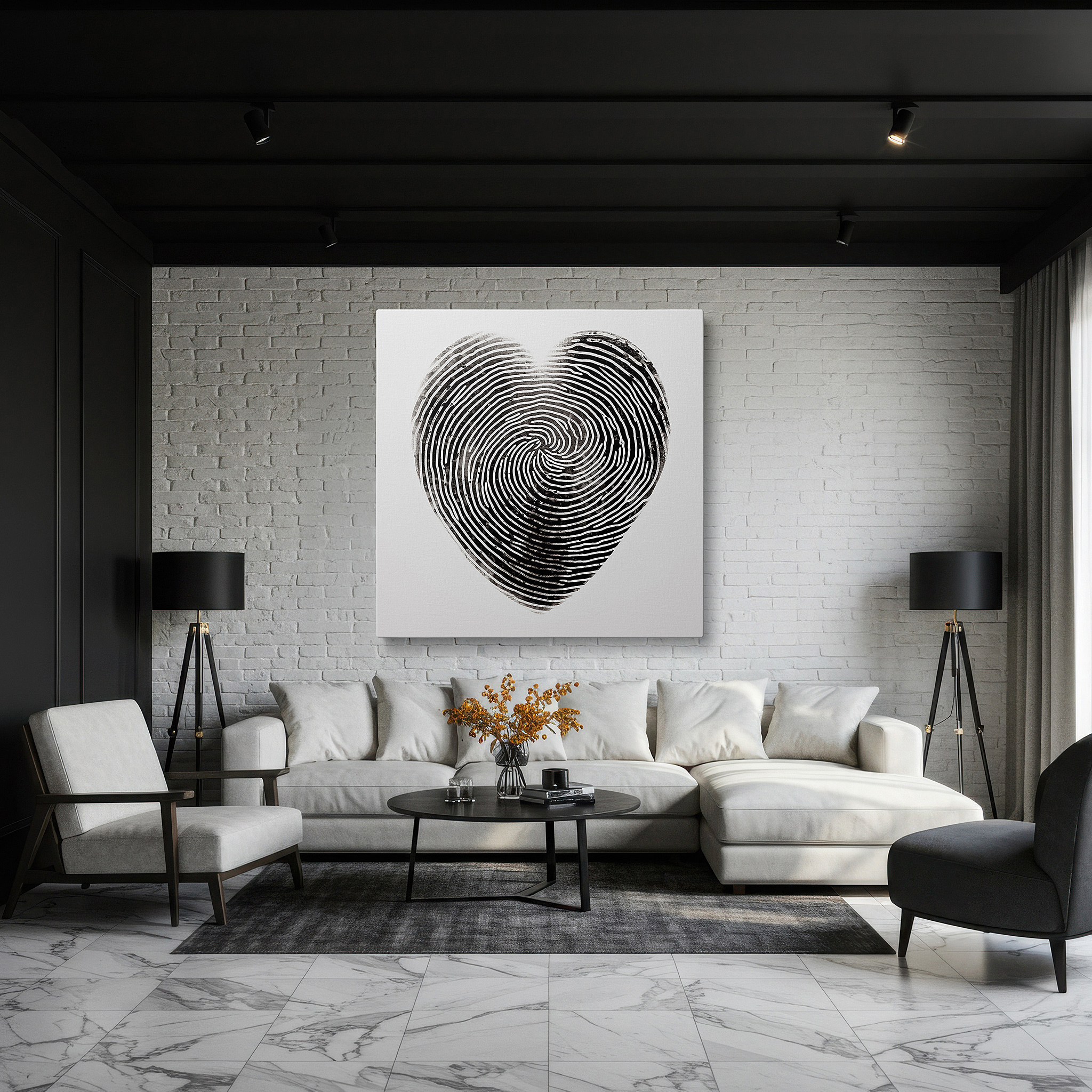 Displayed above a contemporary leather sofa in warm light — heart-shaped fingerprint canvas: symbolizing love, identity, and enduring bonds - large wall art for home and office decor