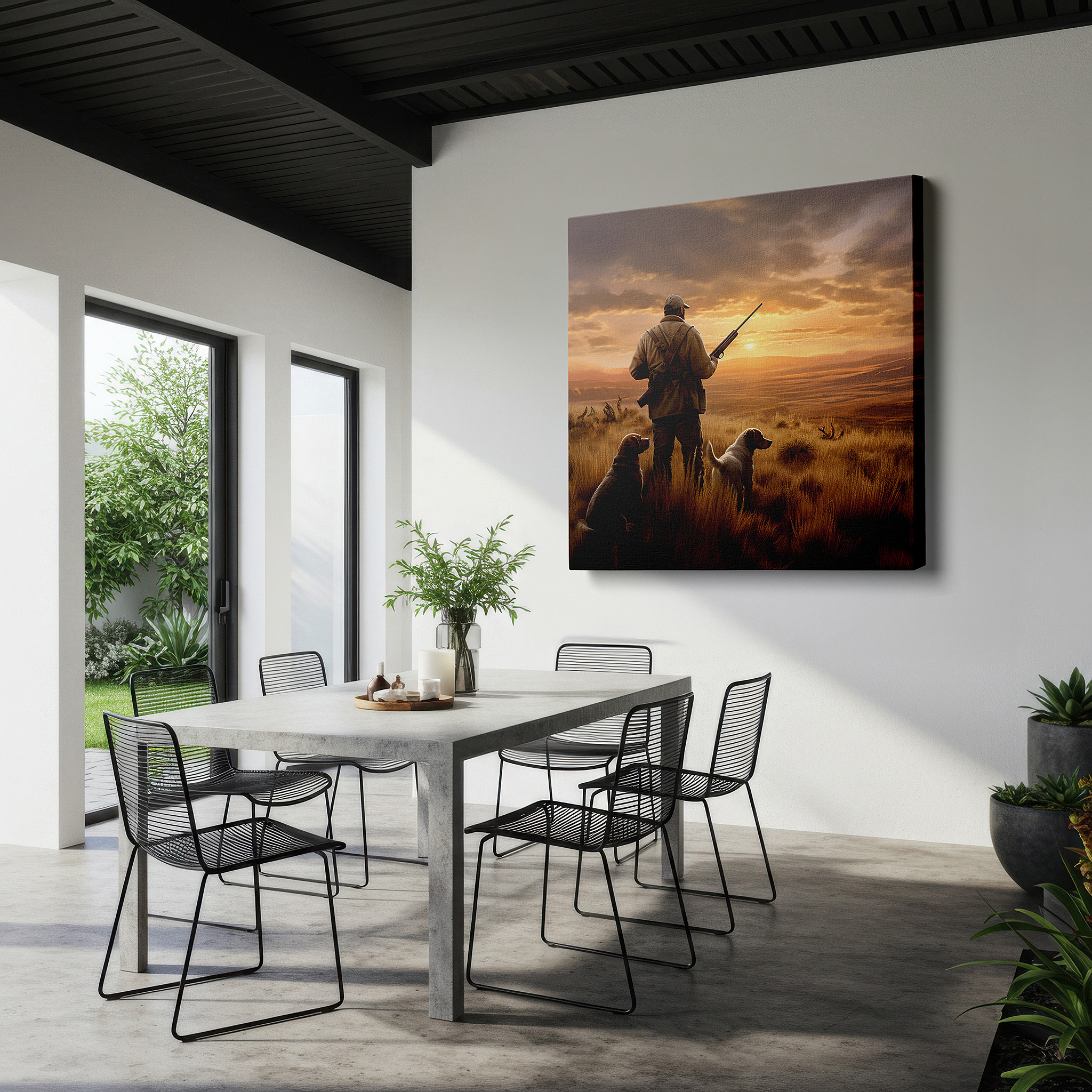 Displayed above a contemporary leather sofa in warm light — hunter and dogs at sunset - companionship and adventure silhouette large wall art, canvas wall art, office wall decor