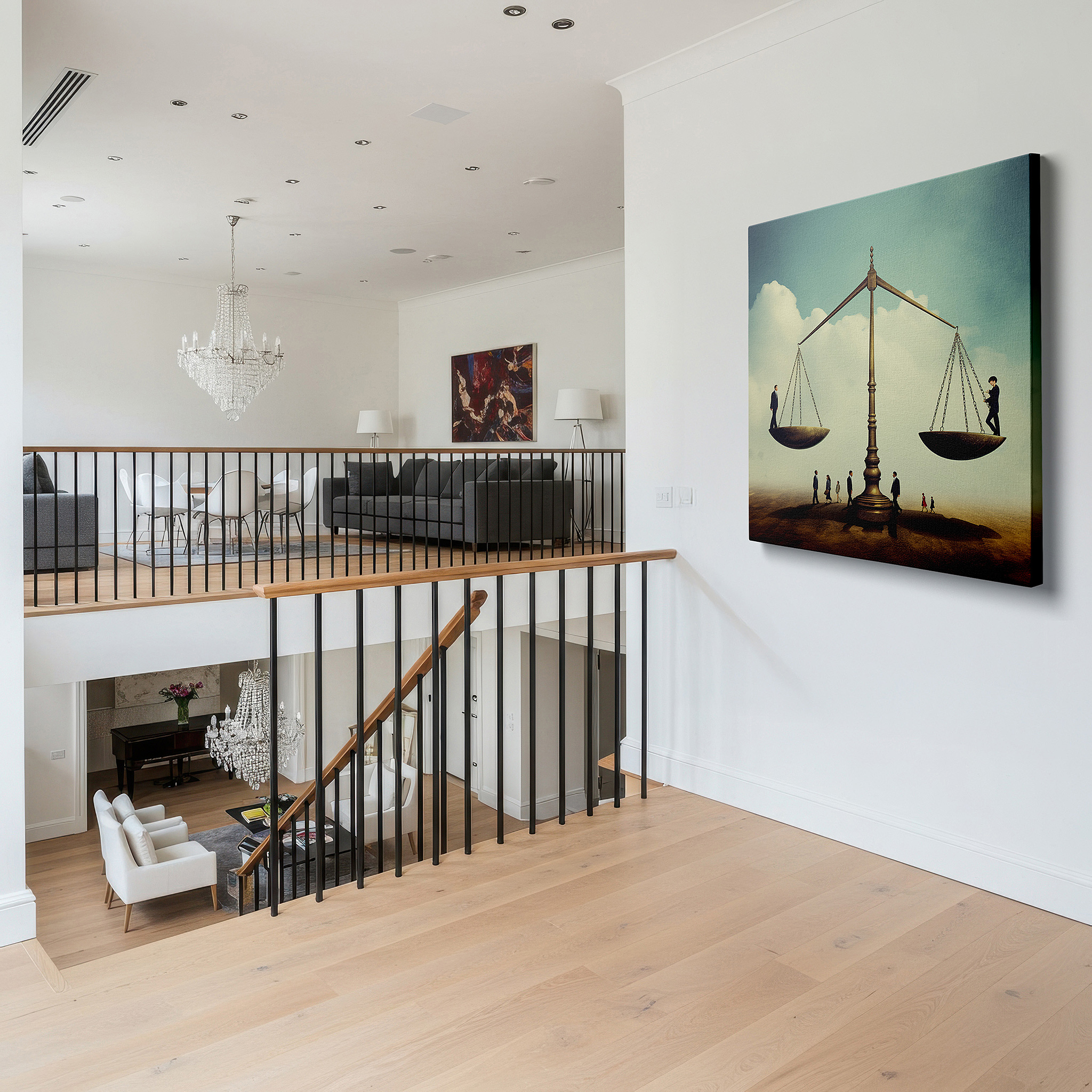 Displayed above a contemporary leather sofa in warm light — justice and equality vision: balancing humanity scales - large wall art, canvas decor for office, bedroom, and living room
