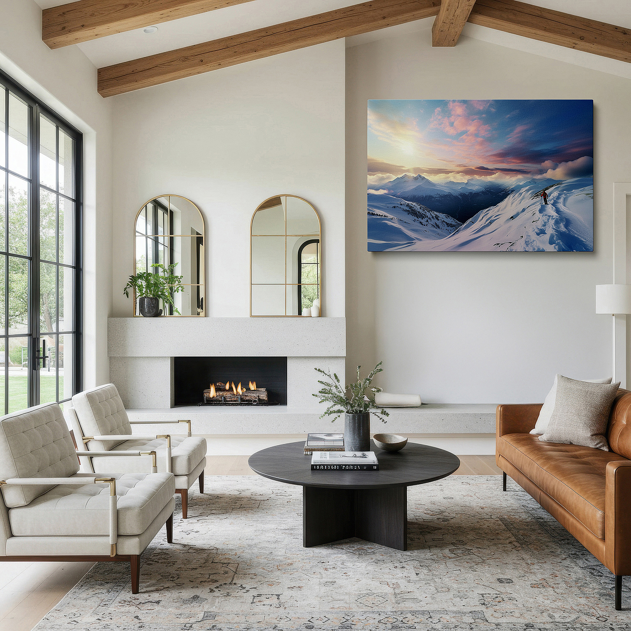 Displayed above a contemporary leather sofa in warm light — lone adventurer on snowy summit, silhouetted by dawn of renewal - large canvas wall art for office and bedroom decor