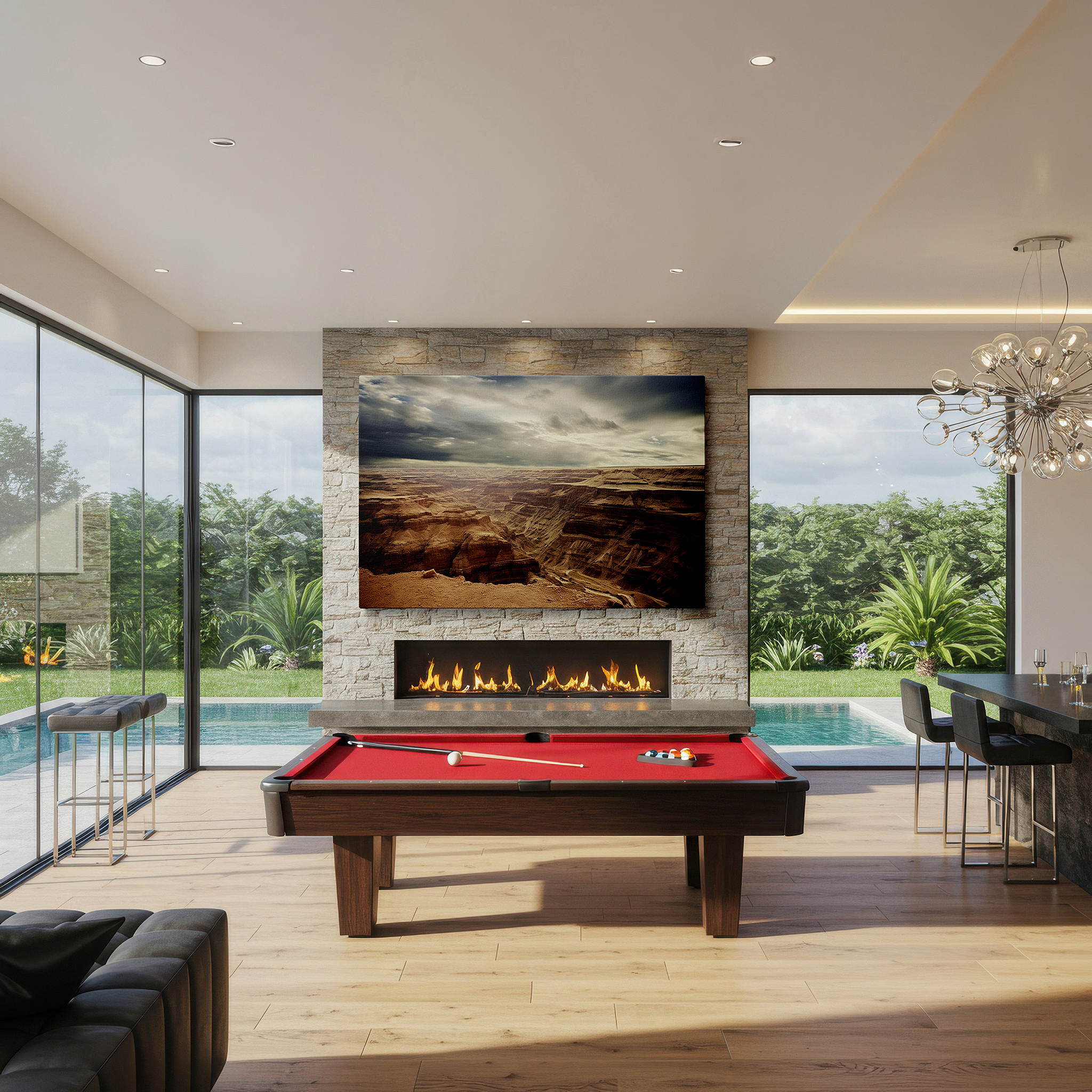 Displayed above a contemporary leather sofa in warm light — majestic canyon beneath stormy skies: enigmatic wilderness scene for thoughtful environments, large canvas wall art, office decor