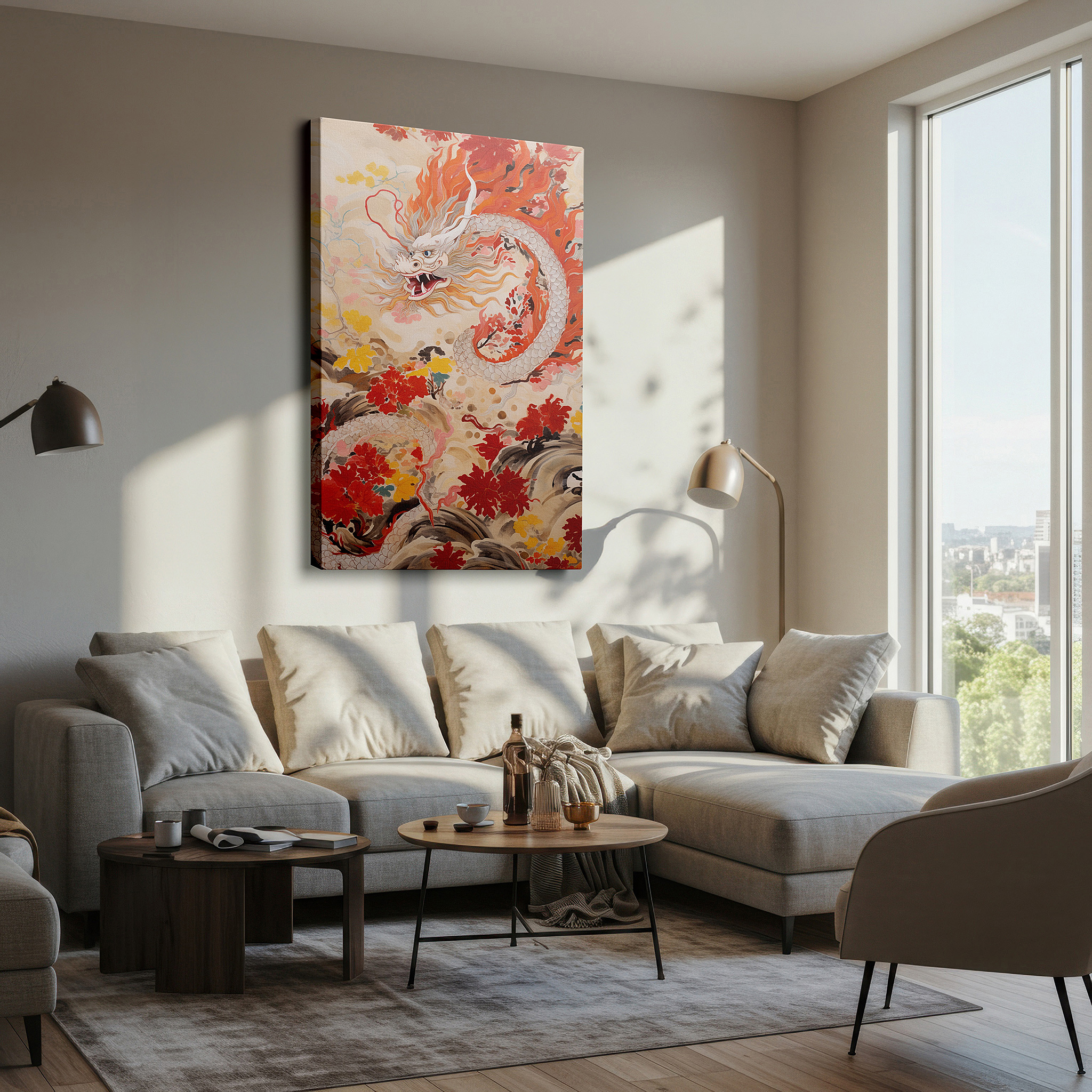 Displayed above a contemporary leather sofa in warm light — majestic dragon in flight: a vivid tapestry of myth and motion - large canvas wall art for office and bedroom decor
