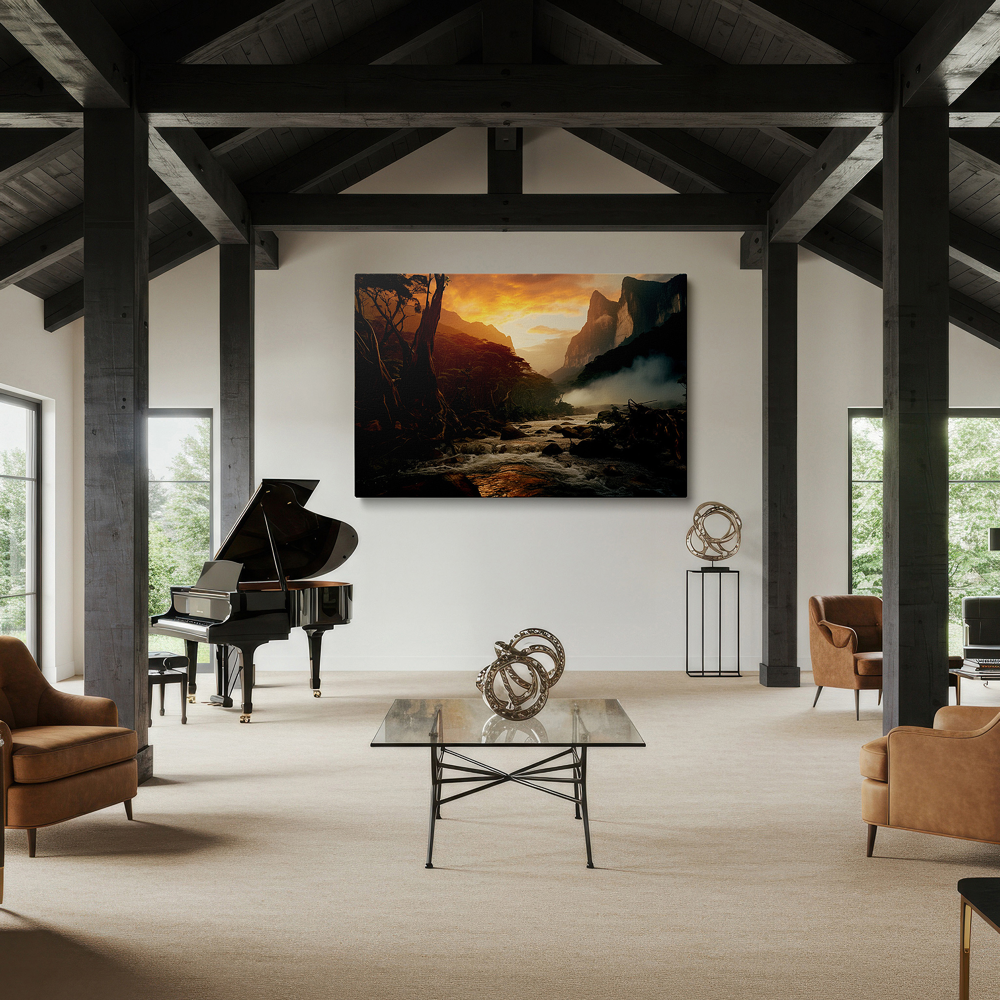 Displayed above a contemporary leather sofa in warm light — majestic peaks and misty dawns - exquisite depiction of nature's splendor large wall art, canvas wall art, wall decor, office wall art, bedroom wall art