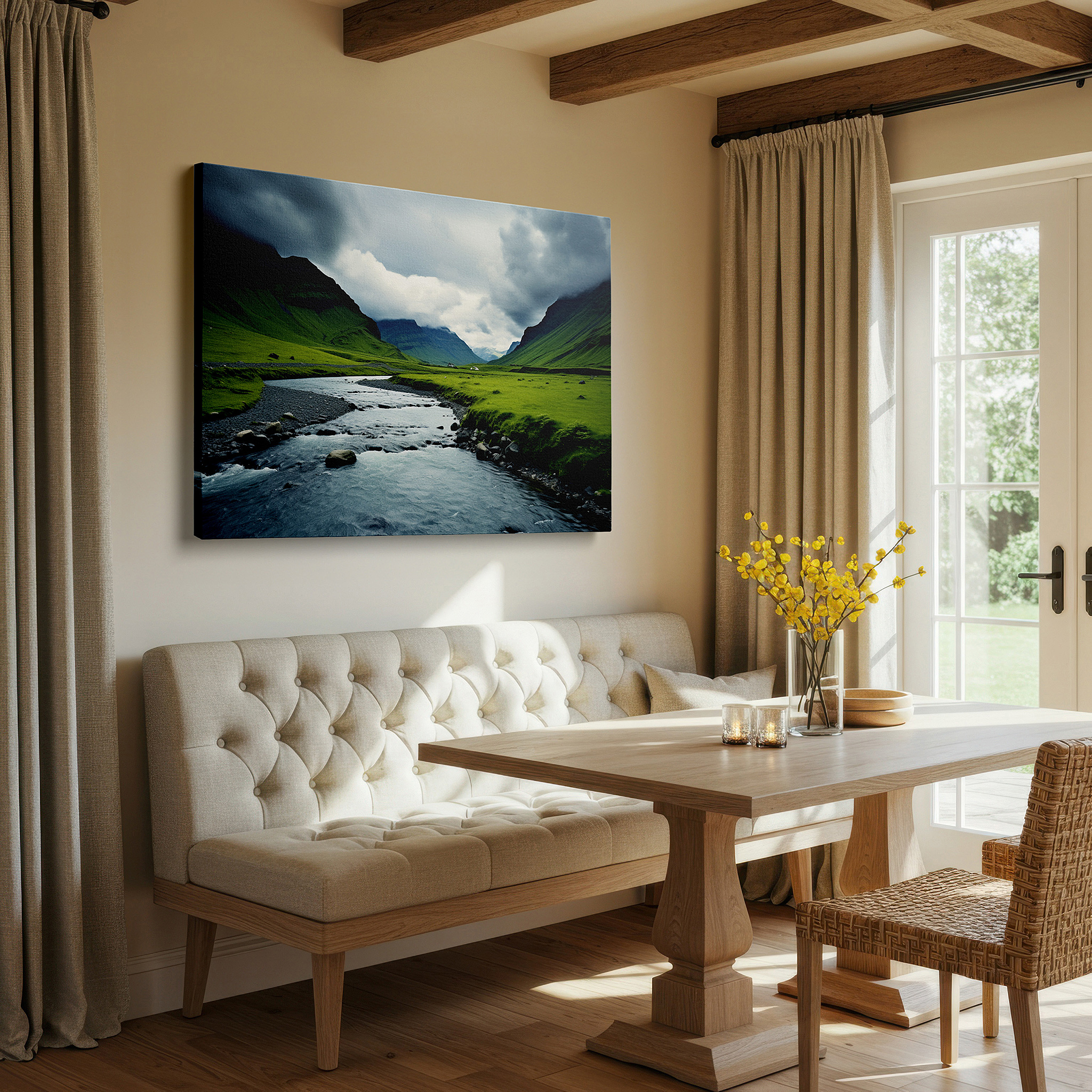 Displayed above a contemporary leather sofa in warm light — majestic river winding through rugged mountains beneath ominous clouds - a dramatic and beautiful natural masterpiece large wall art, canvas wall art, wall decor