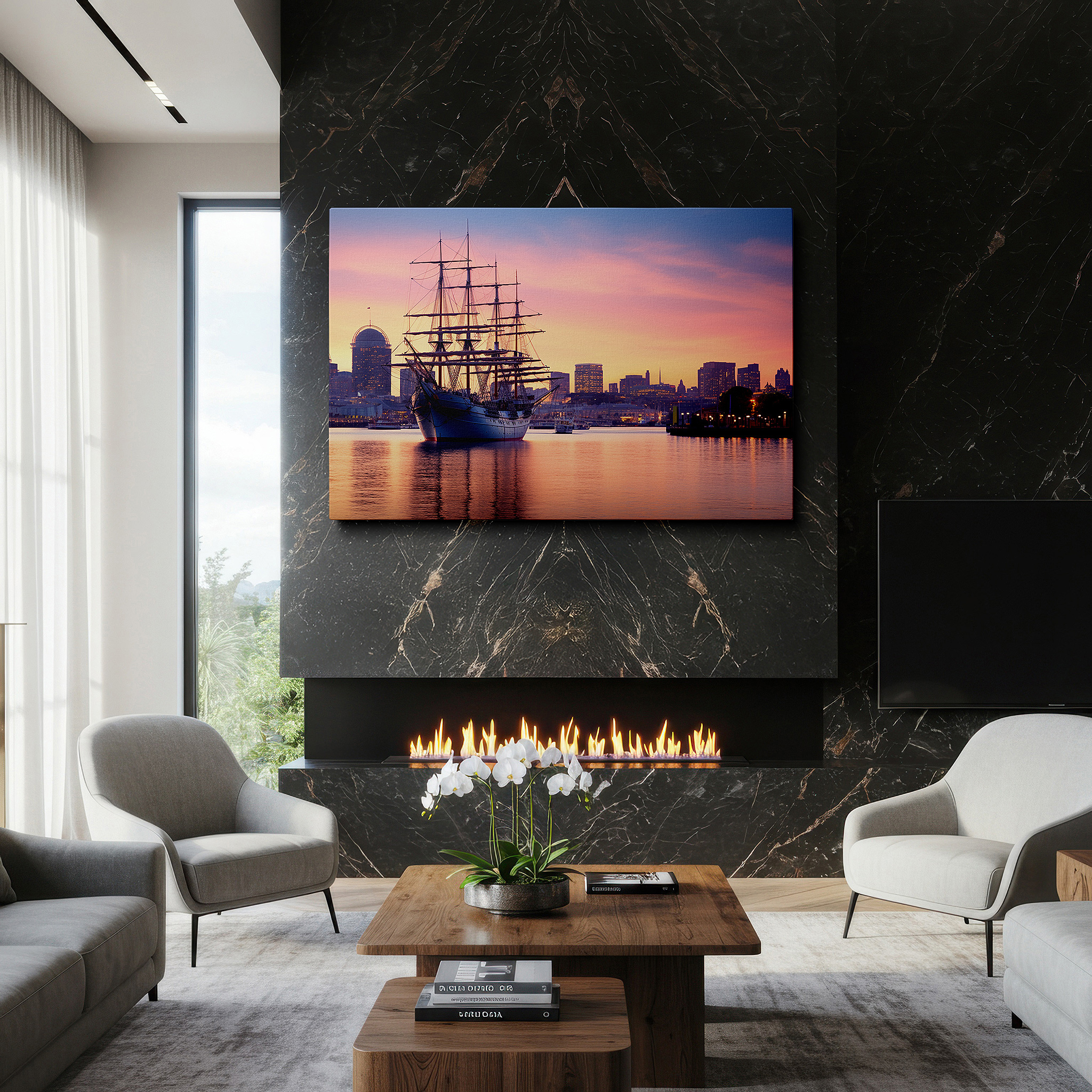 Displayed above a contemporary leather sofa in warm light — majestic sailing ship by waterfront with vibrant city skyline at sunset - large canvas wall art for office and bedroom decor