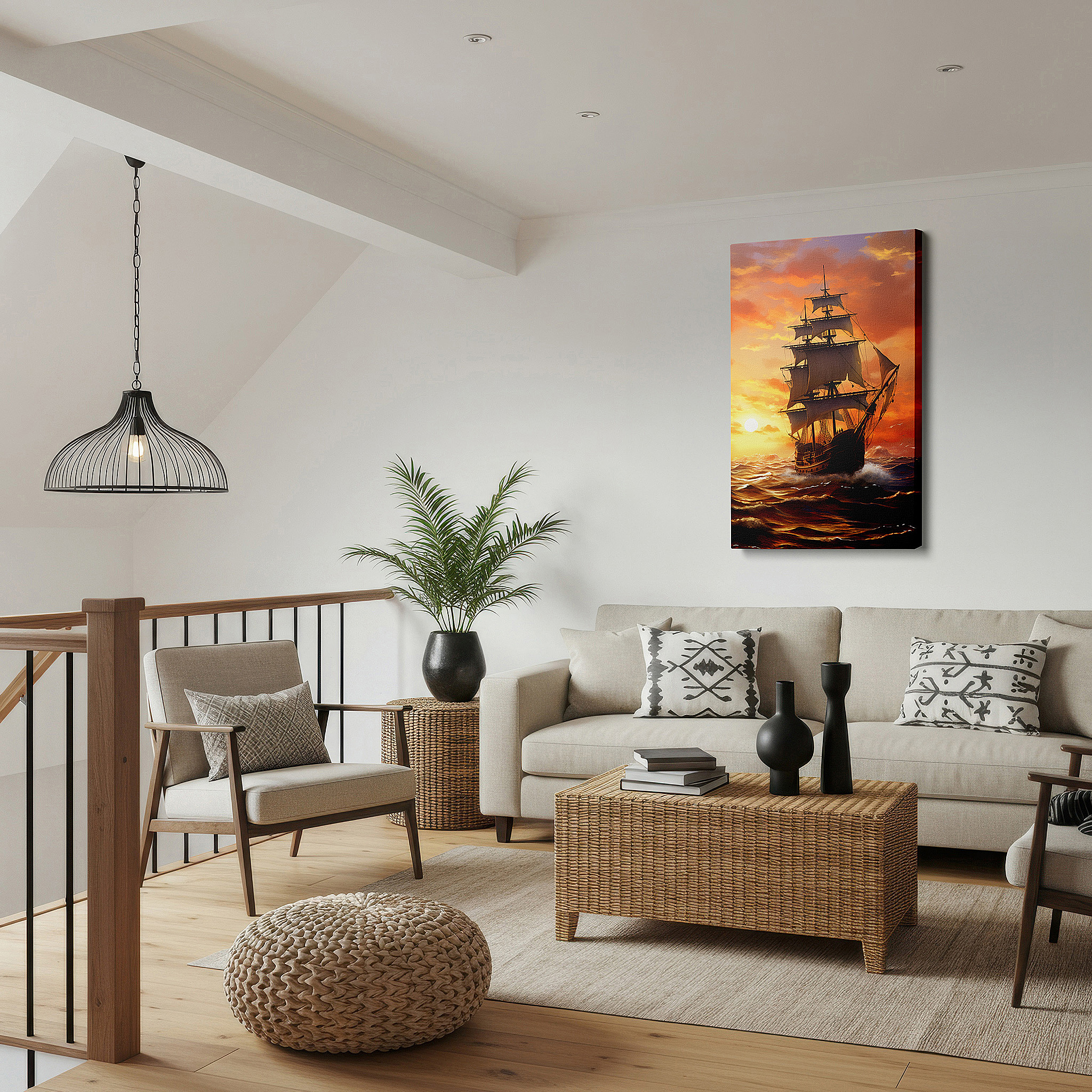 Displayed above a contemporary leather sofa in warm light — majestic ship sailing seascape twilight glow large wall art, canvas wall art, wall art decor for office and bedroom