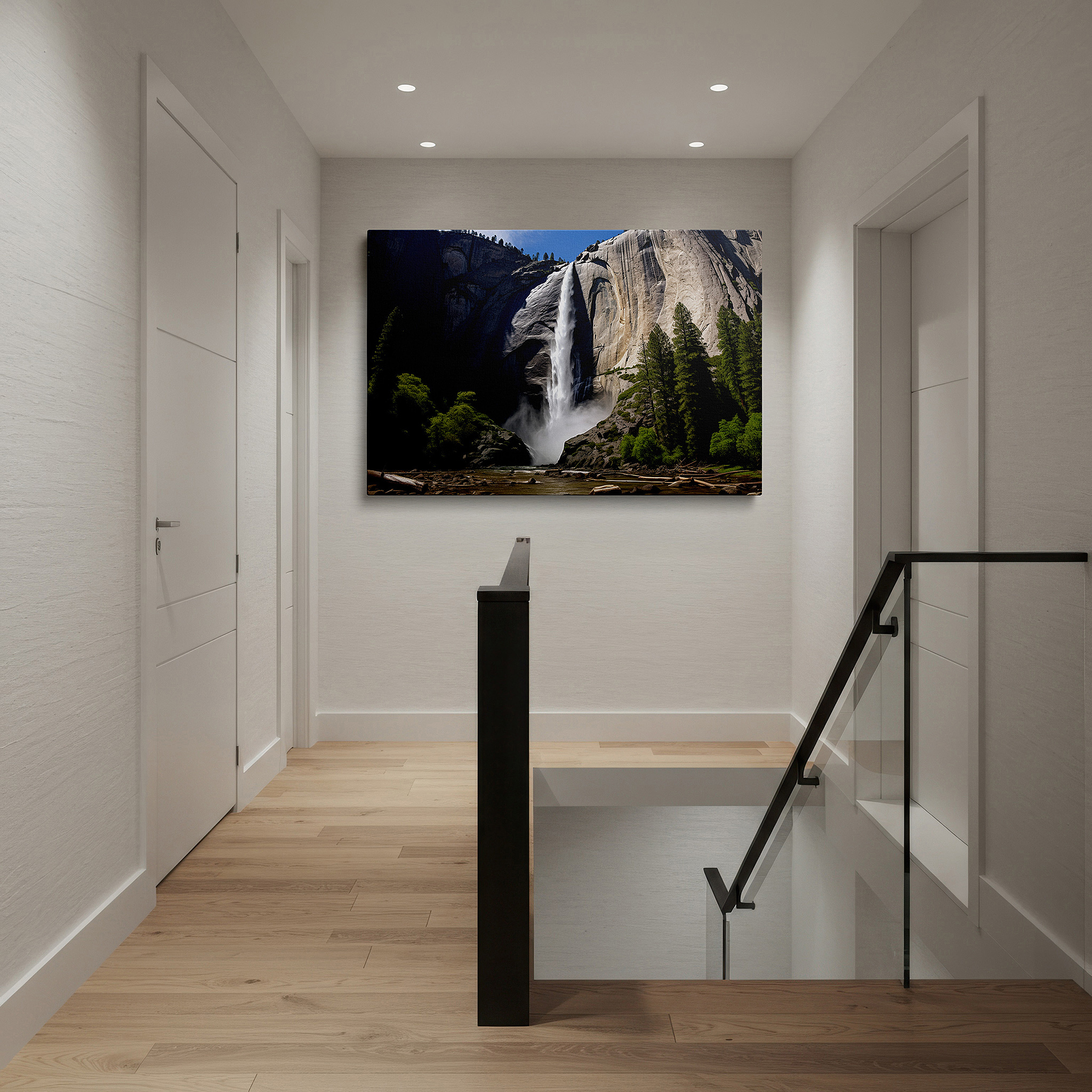 Displayed above a contemporary leather sofa in warm light — majestic waterfall amidst lush forests: a stunning display of light and ethereal glow - large canvas wall art for home and office decor