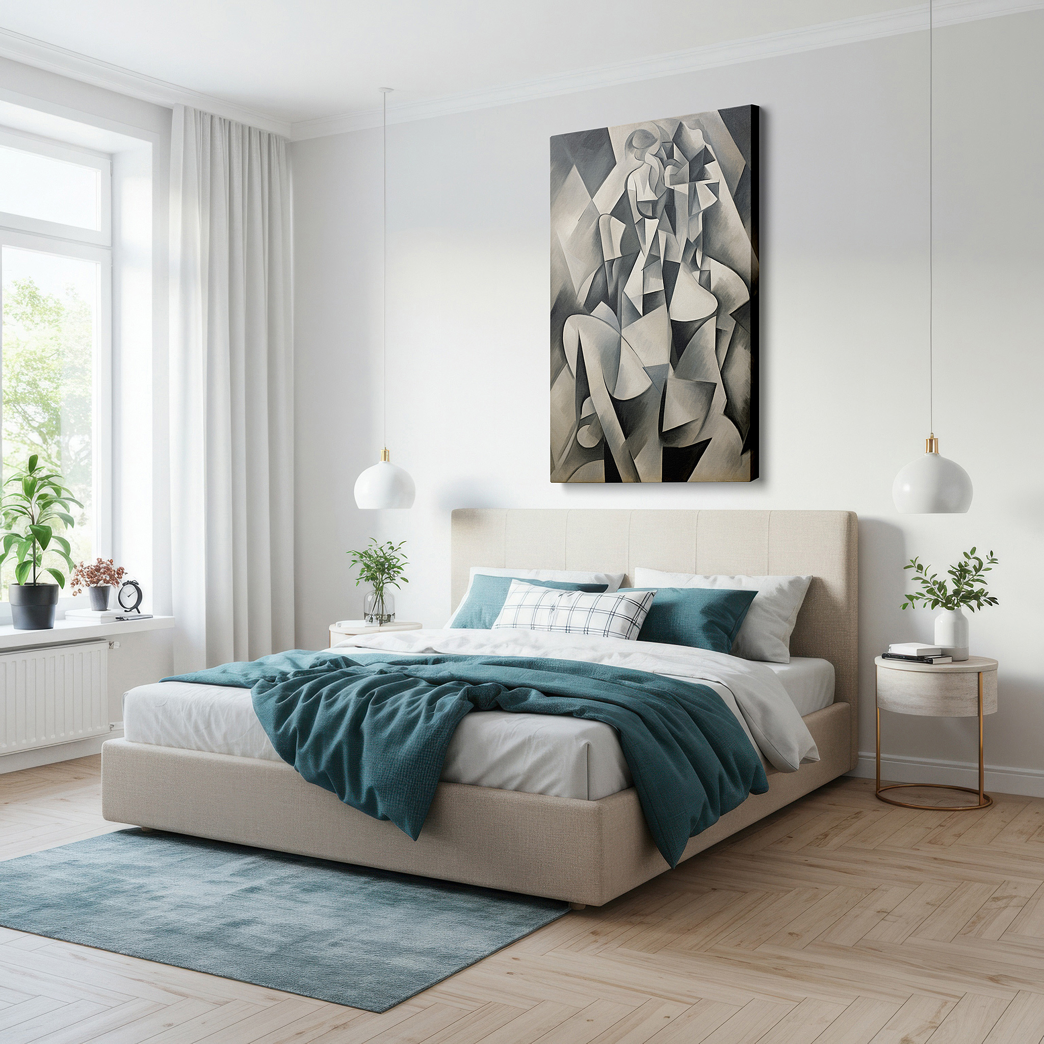 Displayed above a contemporary leather sofa in warm light — masterful black and white cubist artwork, conveying emotional depth and dynamic interaction, ideal for large wall spaces, canvas wall art, office decor