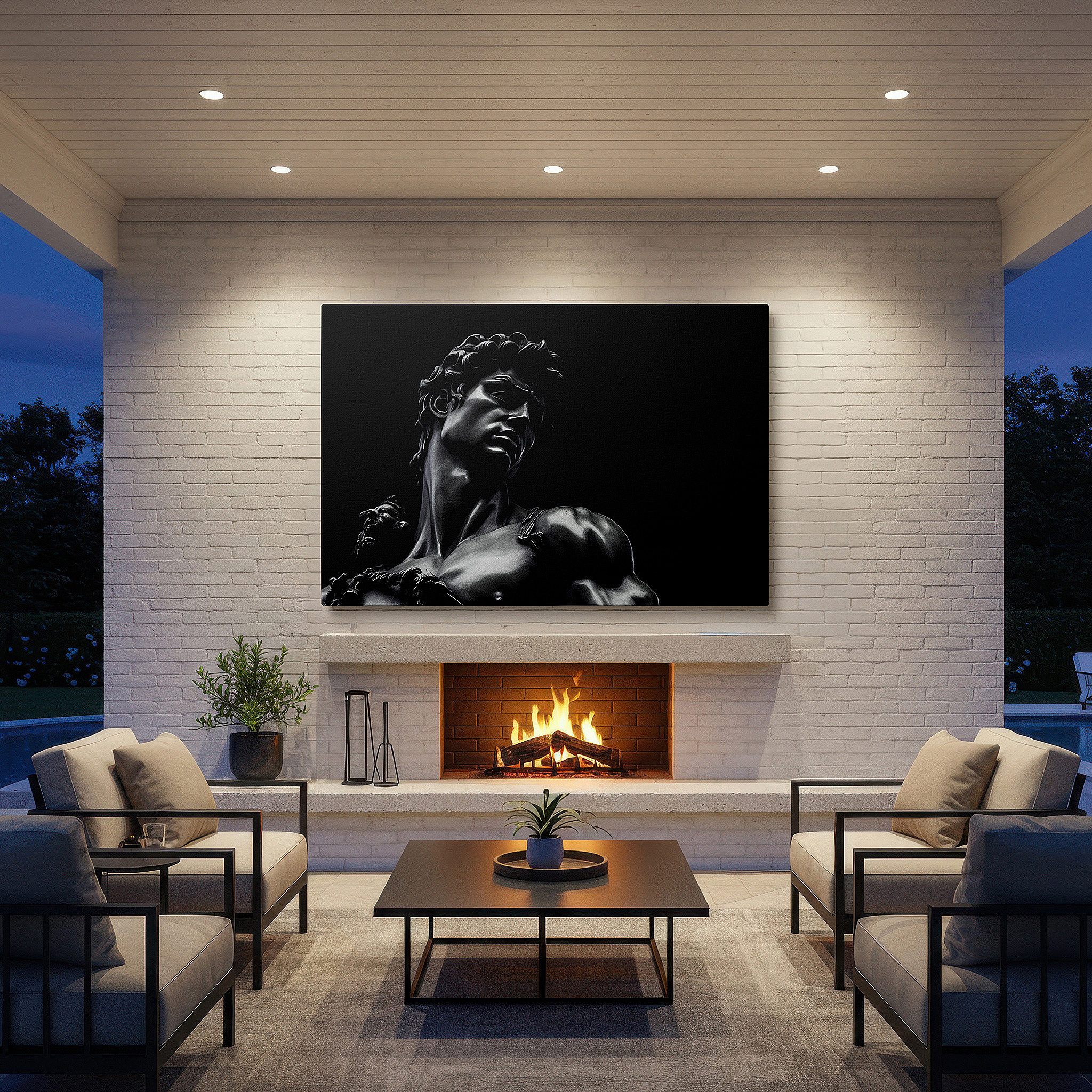 Displayed above a contemporary leather sofa in warm light — michelangelo's david close-up wall art: a masterpiece of human artistry and spirit - large canvas wall decor for office