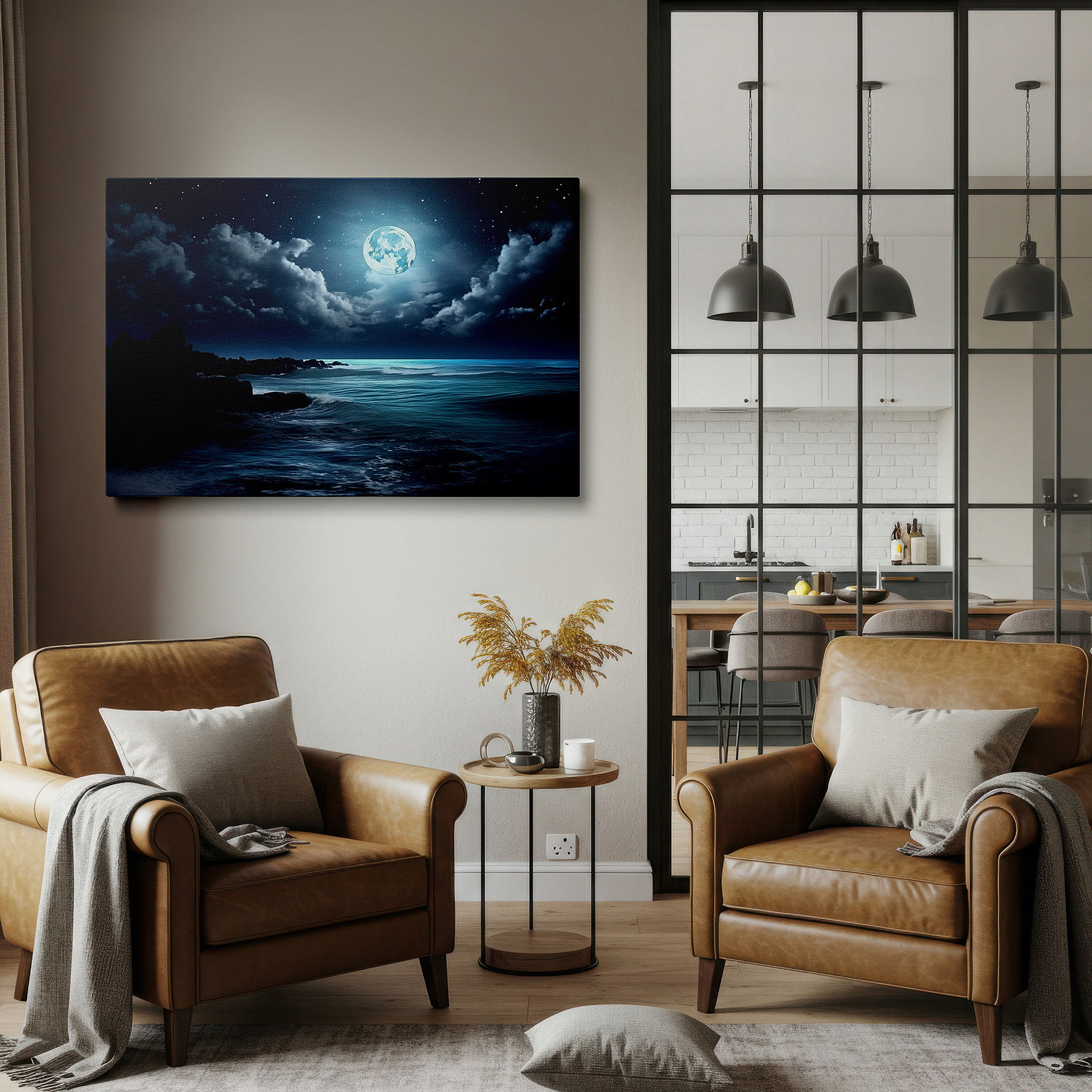 Displayed above a contemporary leather sofa in warm light — moonlit ocean majesty: tranquil waves and rocky shores beneath a starry sky - large wall art, canvas wall art, wall decor for office and bedroom
