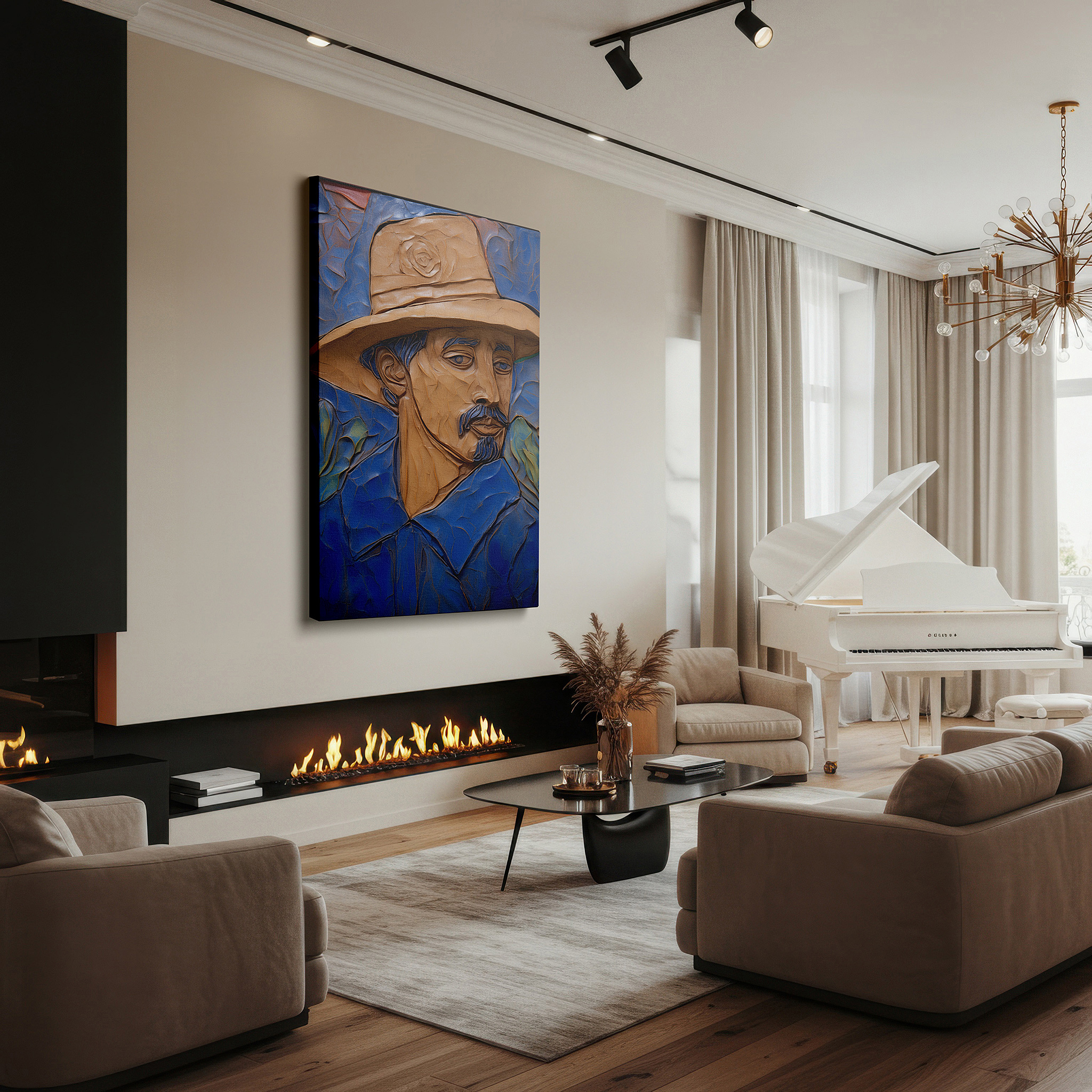 Displayed above a contemporary leather sofa in warm light — the mysterious gentleman in a broad-brimmed hat: exploring textural contrasts and emotional depths - large wall art, canvas wall art, wall decor for office