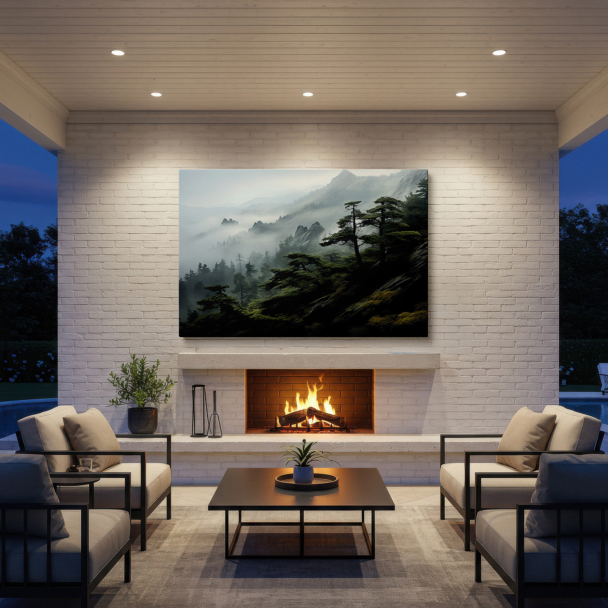 Displayed above a contemporary leather sofa in warm light — mystical mountain landscape in mist wall art: serene wilderness masterpiece for large canvas decor, ideal for office and bedroom