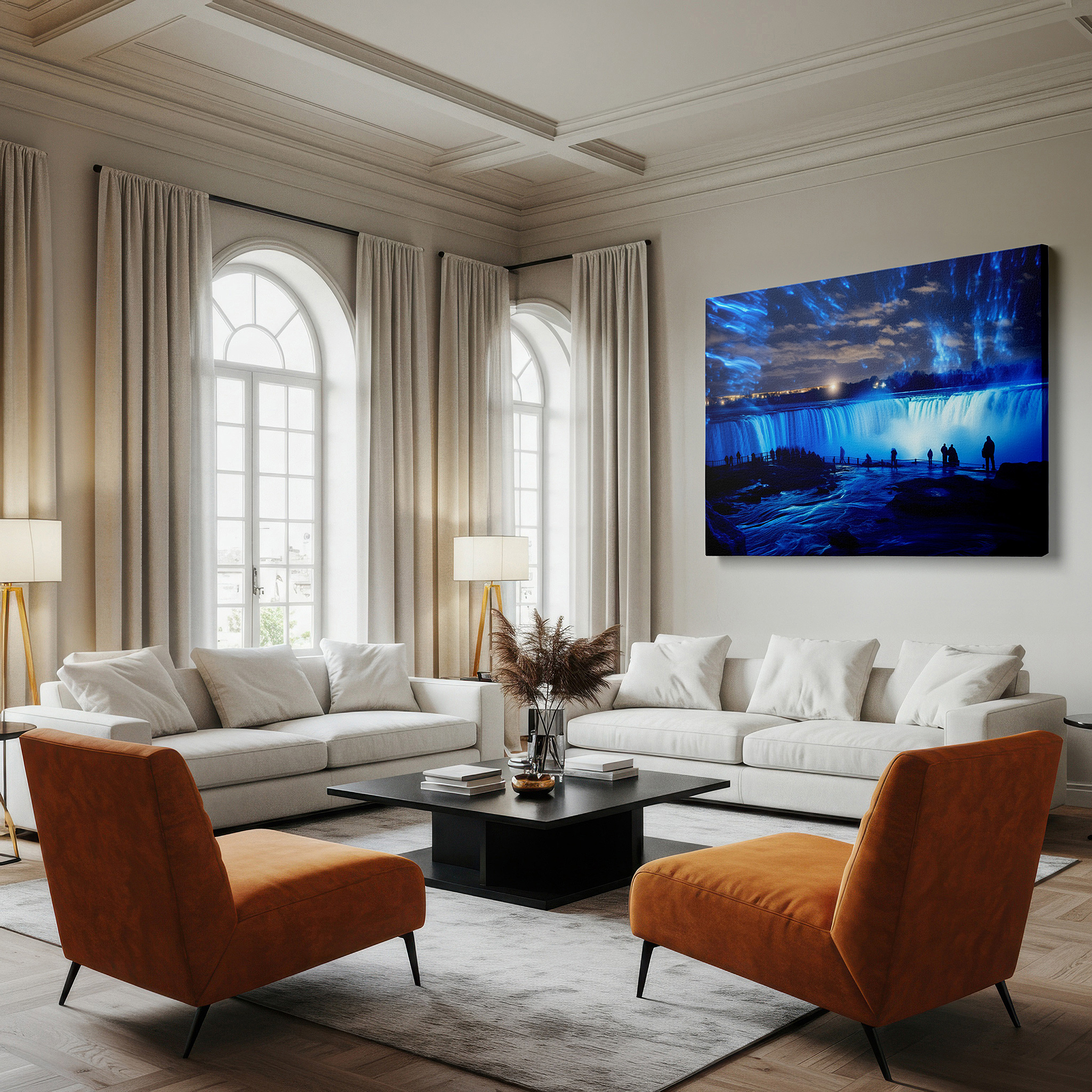 Displayed above a contemporary leather sofa in warm light — niagara falls enchanted evening: magical light and water display - large canvas wall art for home and office decor