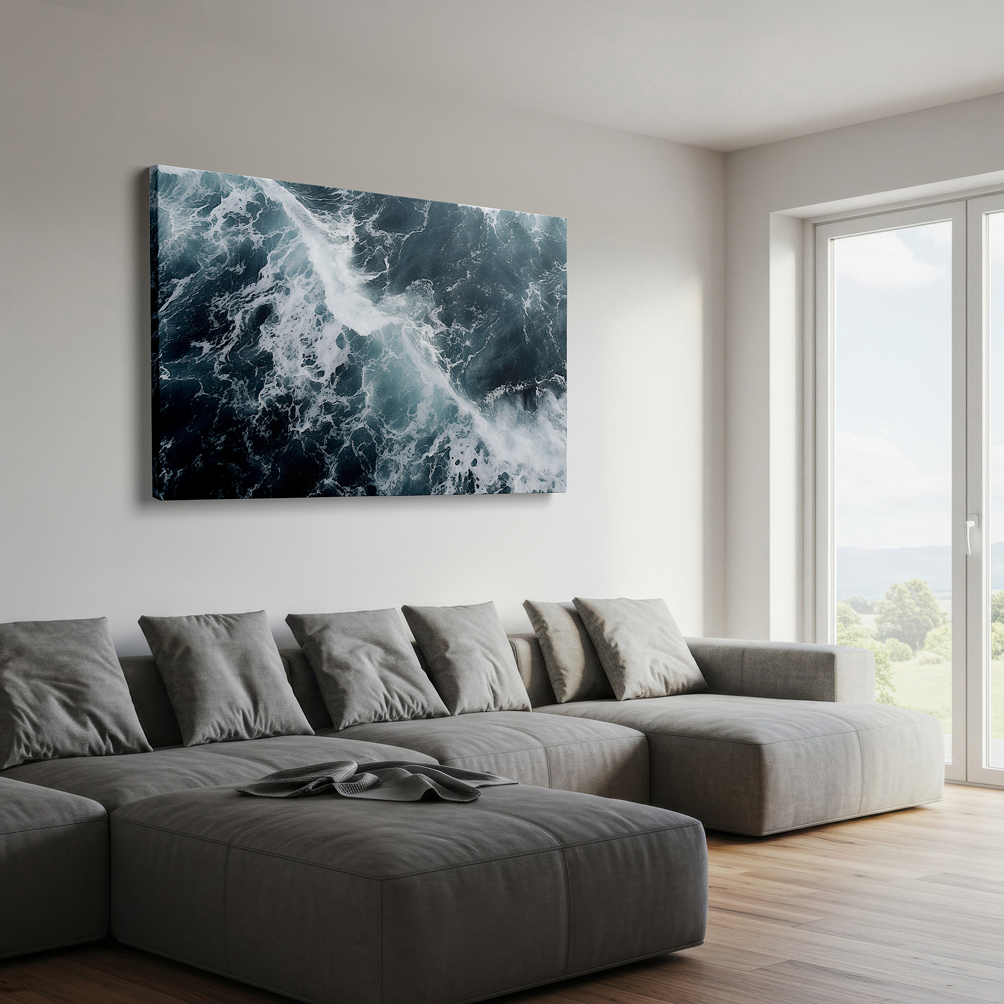 Displayed above a contemporary leather sofa in warm light — ocean symphony in blues and whites: capturing the rhythmic dance of waves - large canvas wall art for office and bedroom decor