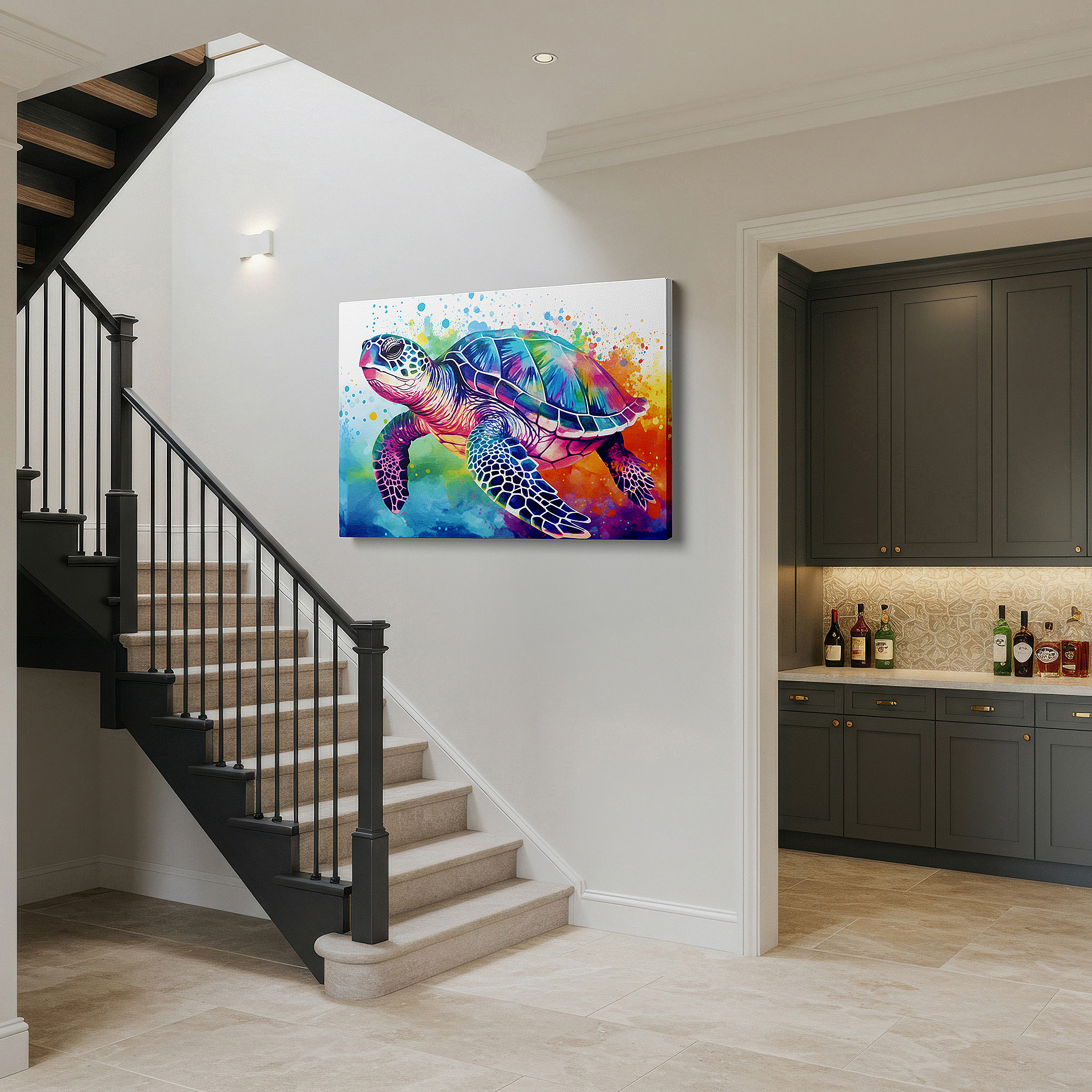 Displayed above a contemporary leather sofa in warm light — ocean tranquility: vibrant turtle in luminous underwater hues - large canvas wall art for home and office decor