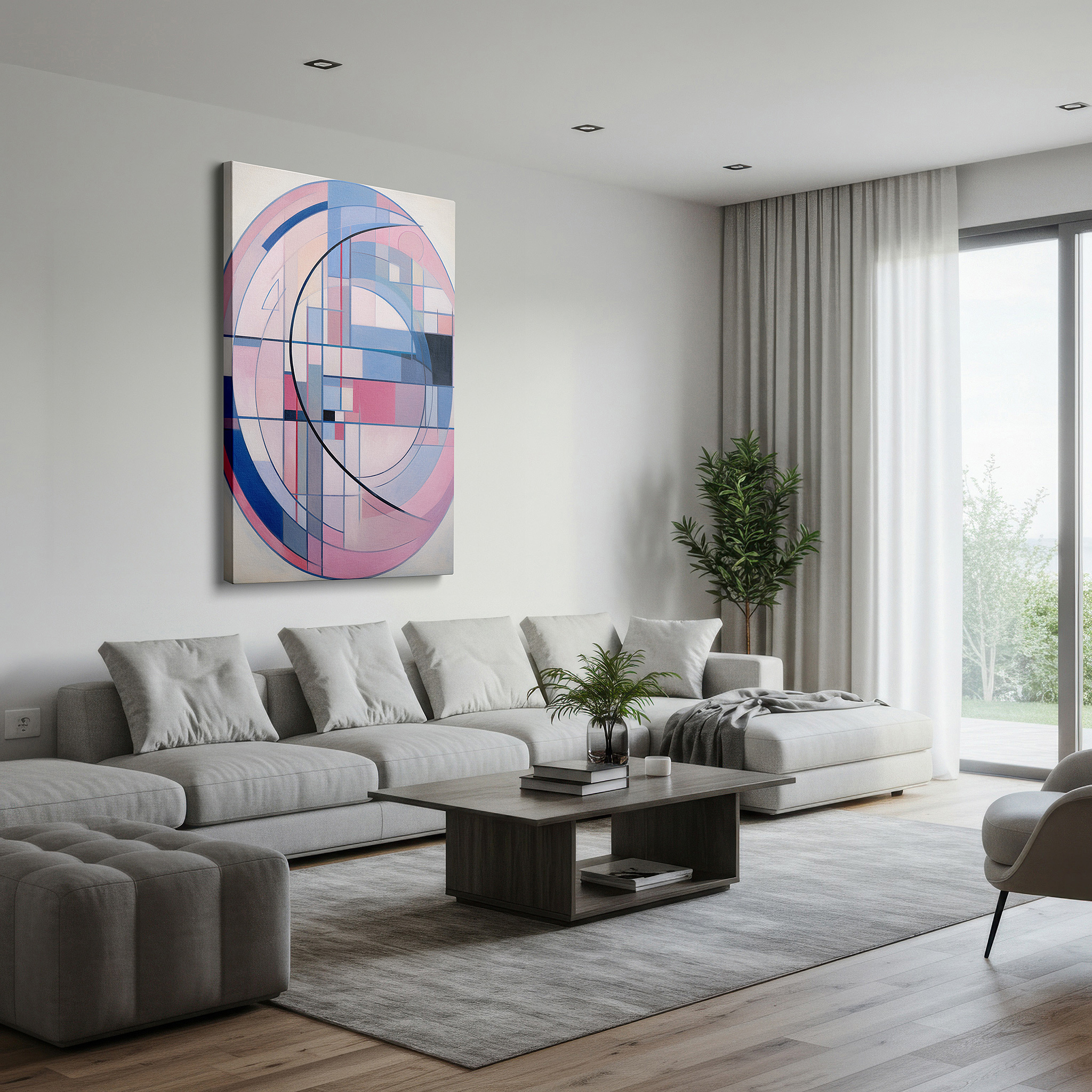 Displayed above a contemporary leather sofa in warm light — pastel hues and fluid lines: serene geometric dance large canvas wall art for office, bedroom, and living room decor