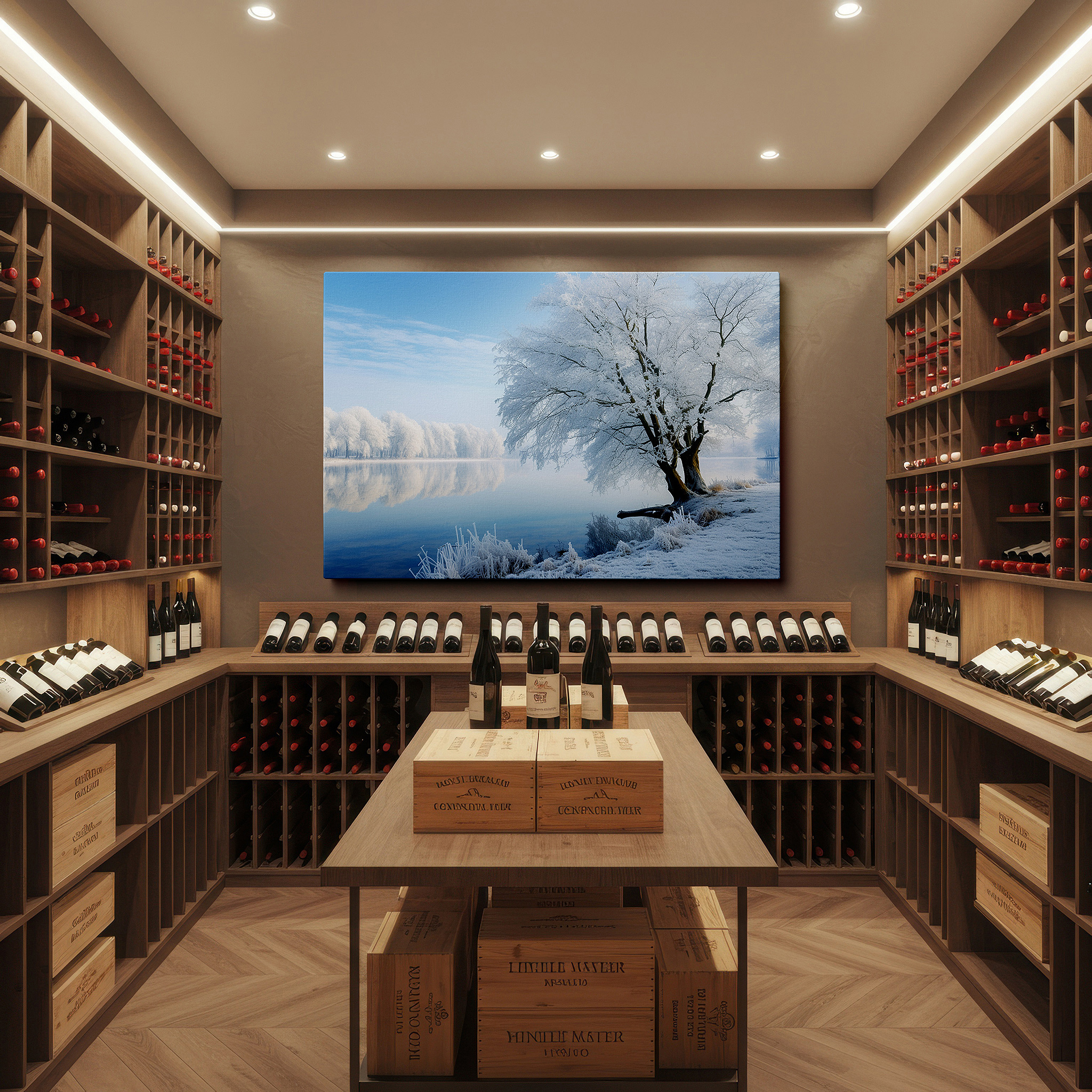 Displayed above a contemporary leather sofa in warm light — peaceful winter scene with calm lake and icy trees reflection large wall art, canvas wall art, wall decor for office and bedroom