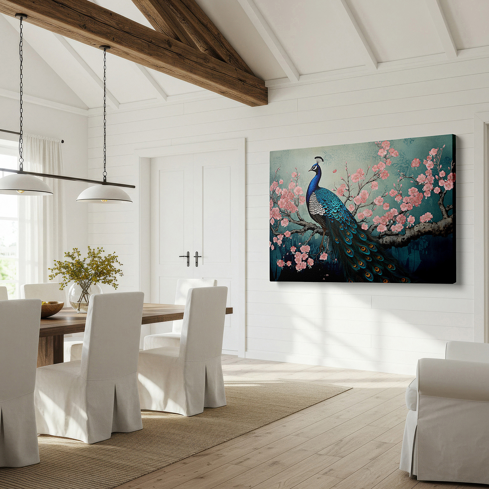 Displayed above a contemporary leather sofa in warm light — peacock and cherry blossoms wall art: experience tranquility and elegance with this large canvas decor for offices and bedrooms