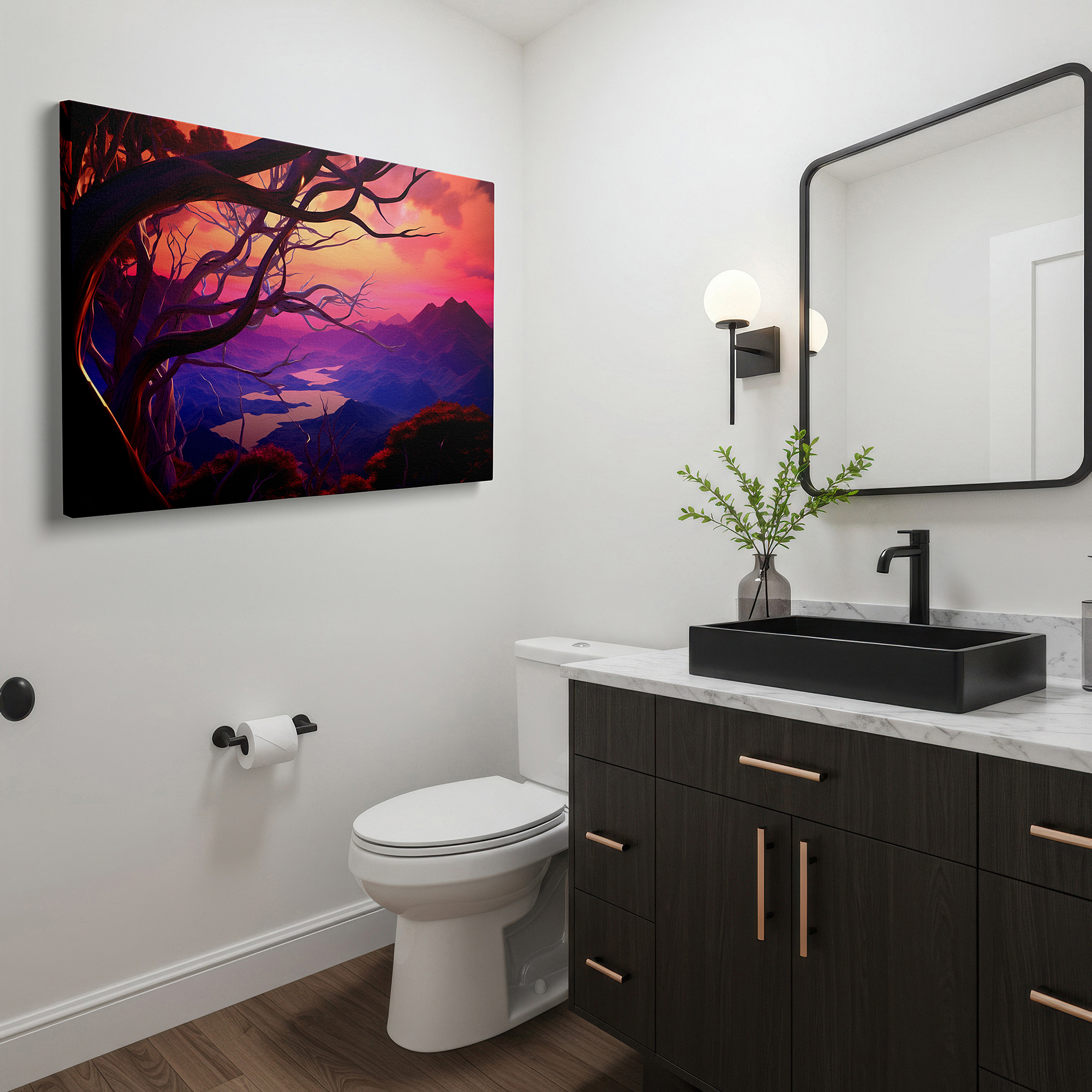 Displayed above a contemporary leather sofa in warm light — pink and purple ethereal landscape with tranquil trees and majestic mountains, large canvas wall art for office and bedroom decor