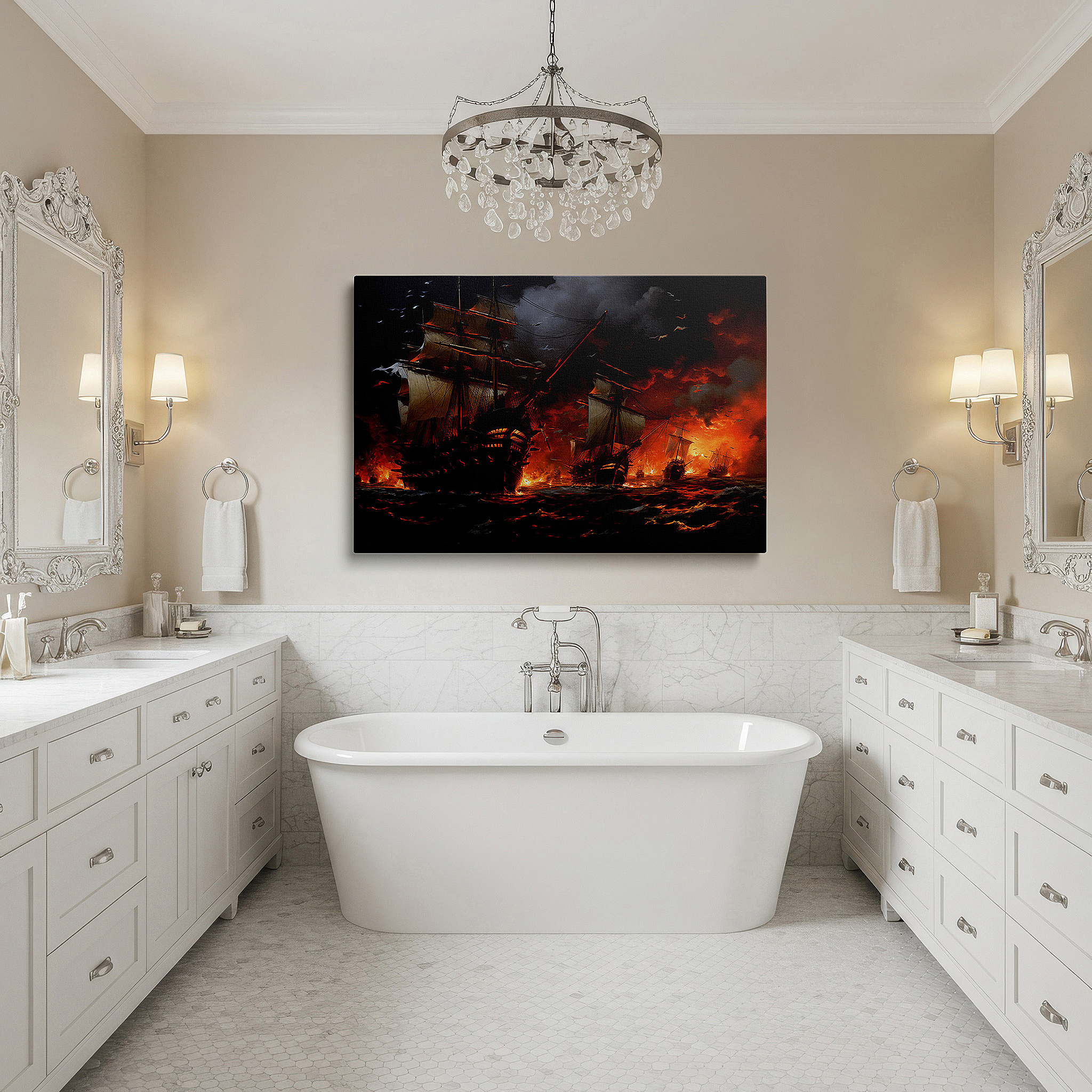 Displayed above a contemporary leather sofa in warm light — pirate ship battle wall art: vivid high seas adventure amidst flames and storms, large canvas art for office and bedroom decor