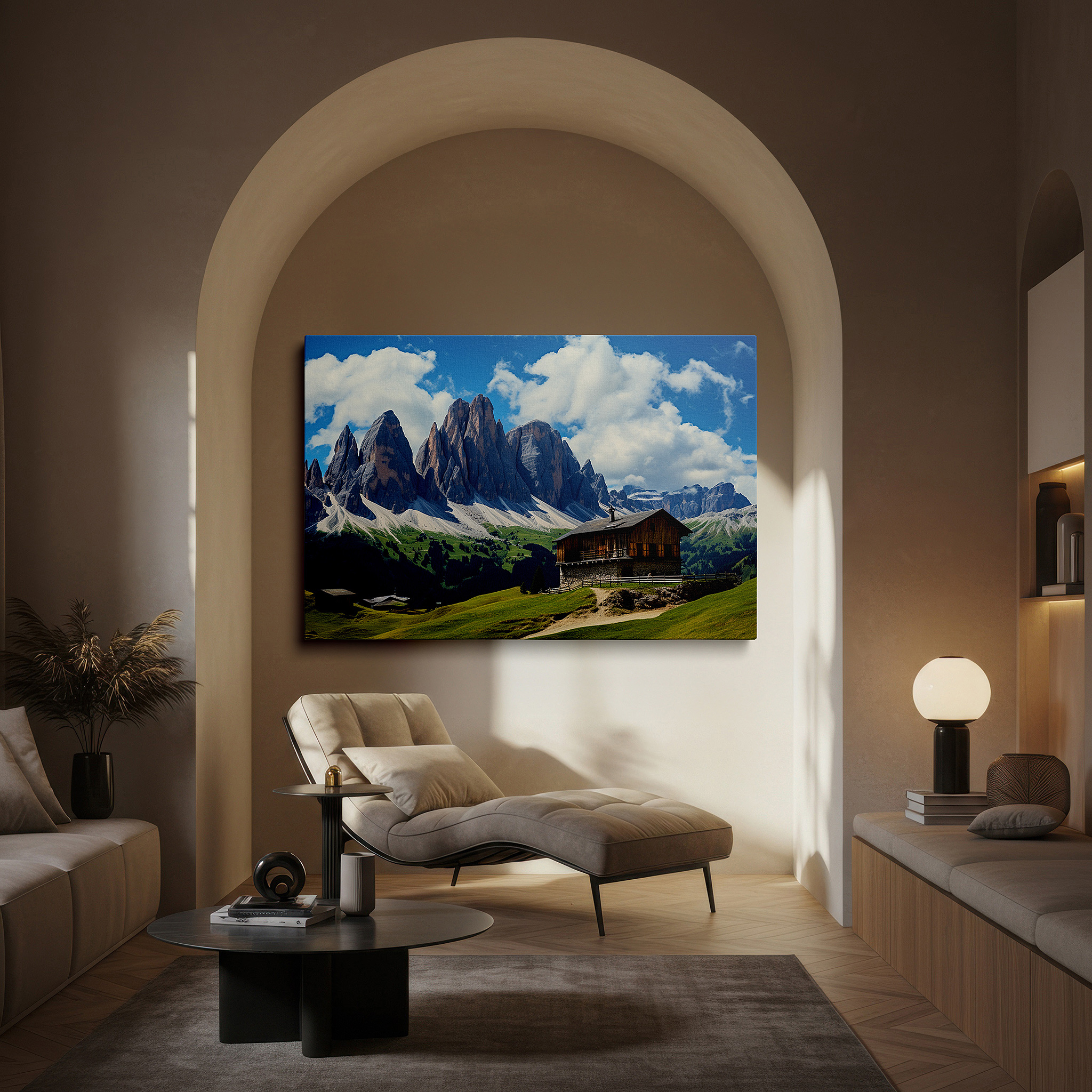 Displayed above a contemporary leather sofa in warm light — rustic cabin surrounded by majestic mountains and verdant meadows: a peaceful retreat for quiet contemplation - large wall art, canvas wall art, wall decor for office