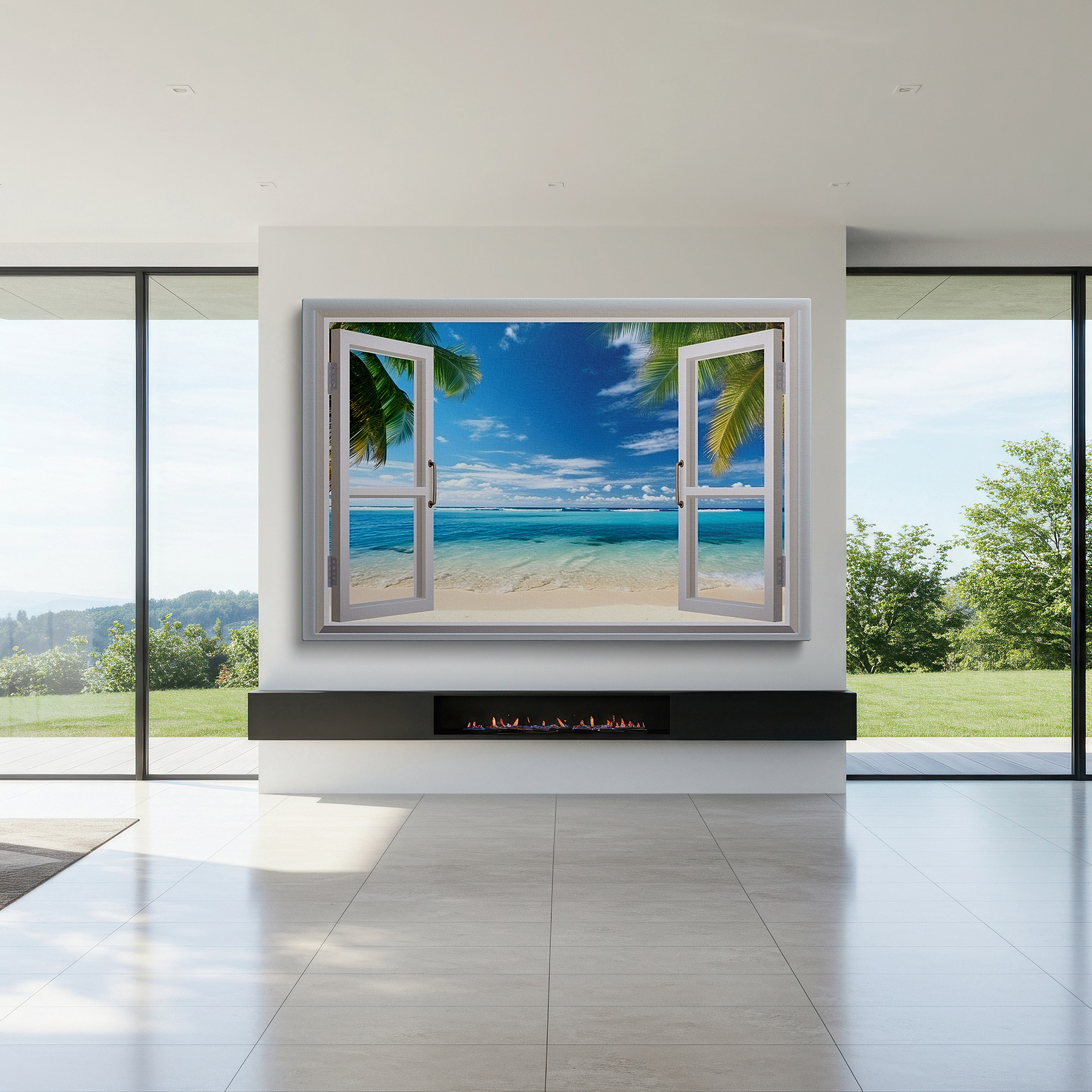 Displayed above a contemporary leather sofa in warm light — serene beachside escape viewed through open white windows - large canvas wall art for office, bedroom, and living room decor