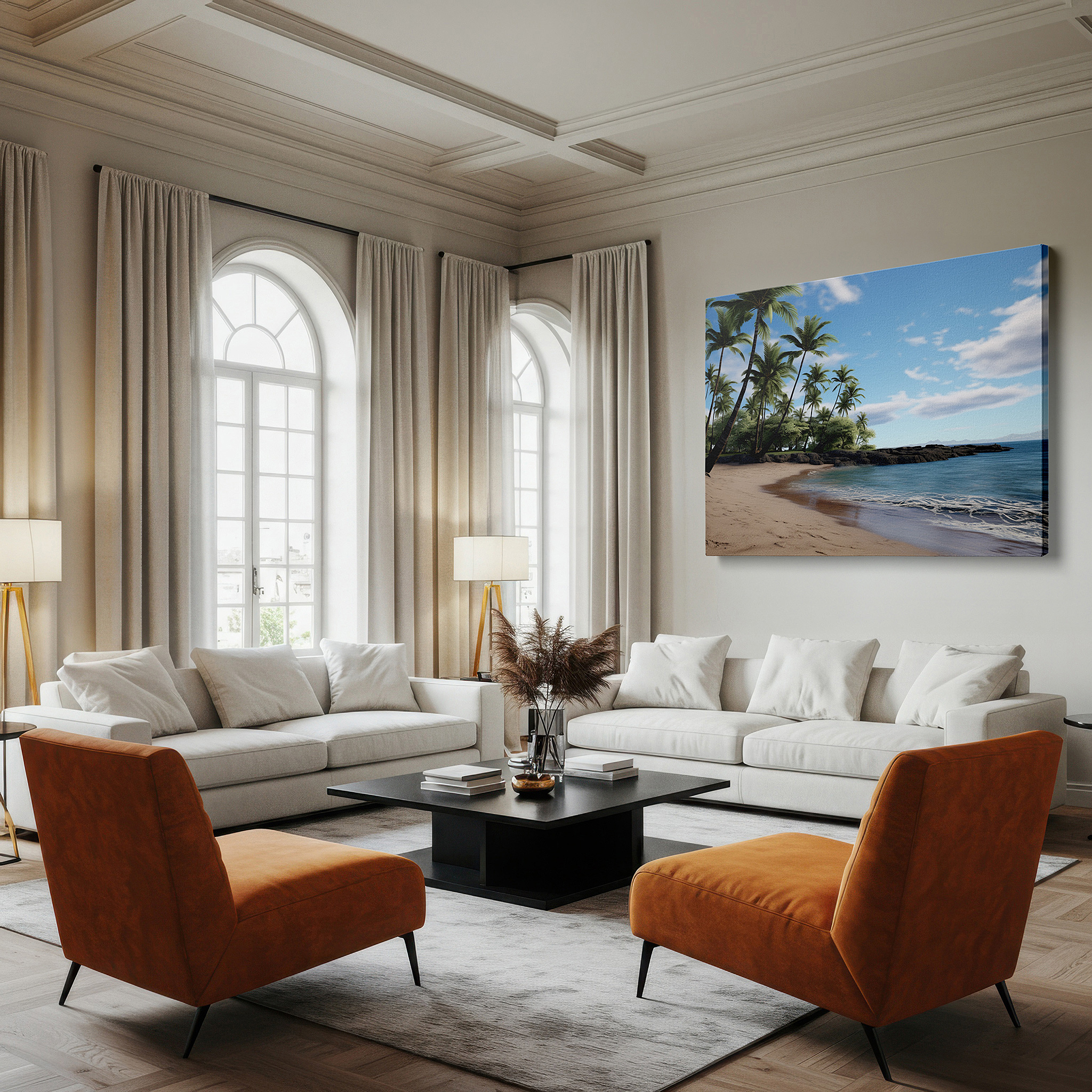 Displayed above a contemporary leather sofa in warm light — serene coastal beach scene with palm trees and reflective ocean waters - large canvas wall art for office and bedroom decor