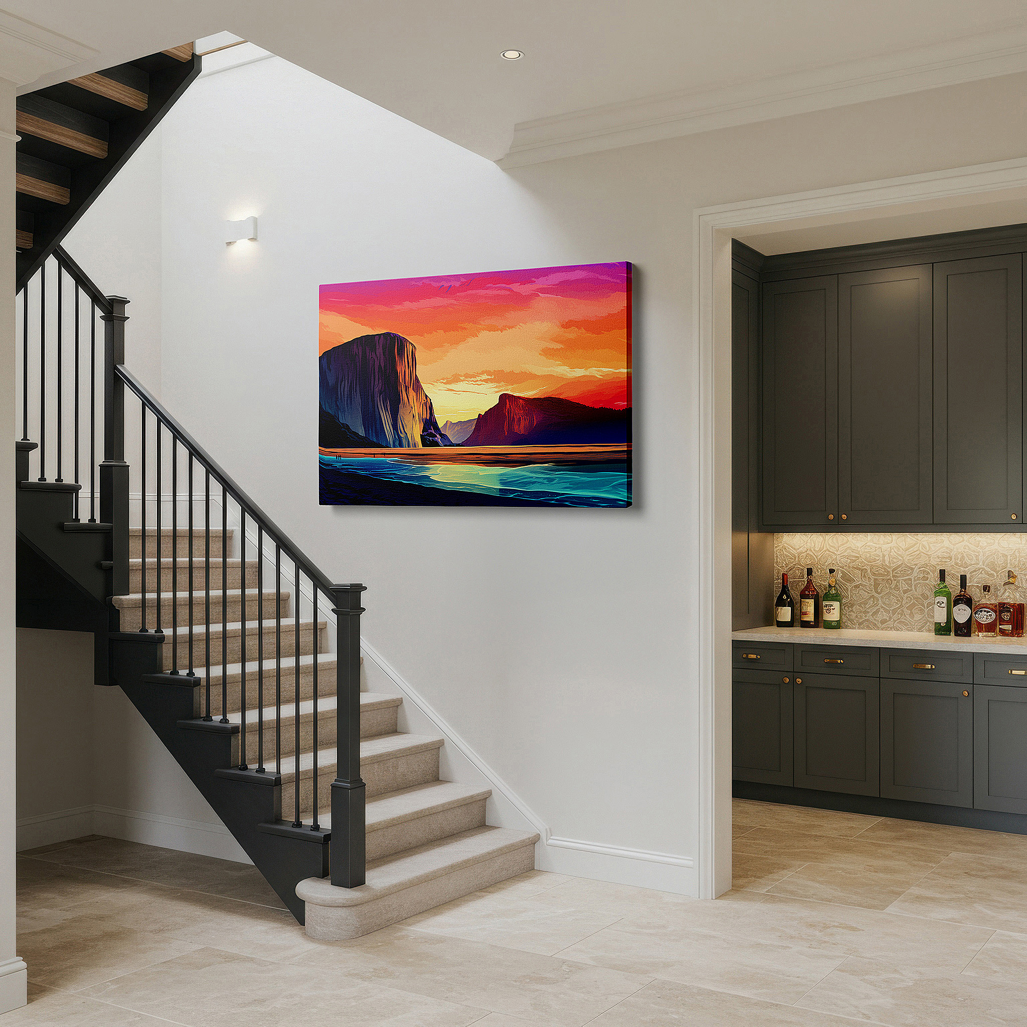 Displayed above a contemporary leather sofa in warm light — serene coastal sunset wall art: fiery skies and tranquil seas - large canvas for office, bedroom, and living room decor