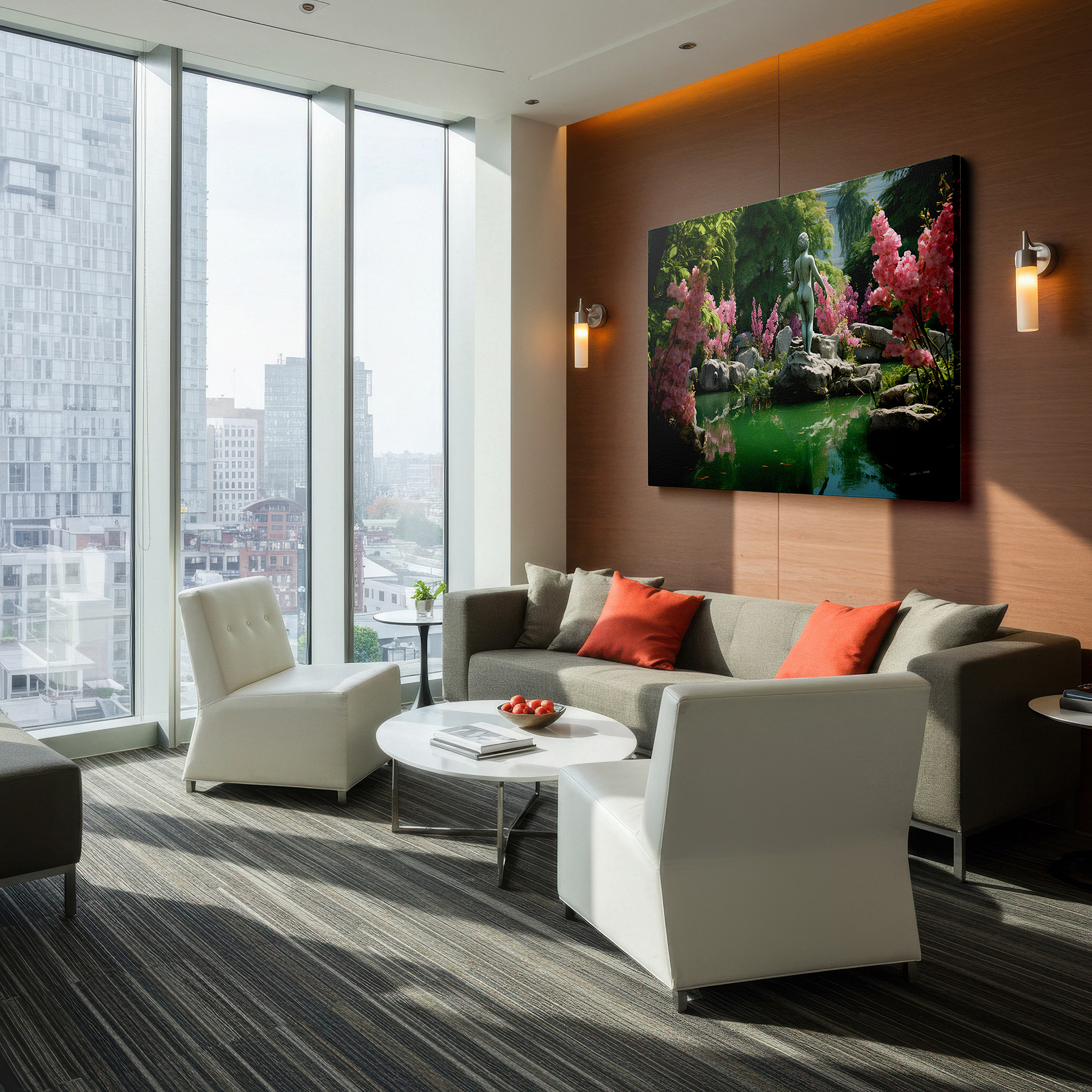 Displayed above a contemporary leather sofa in warm light — serene garden oasis canvas wall art featuring a pond, graceful statue, and vivid pink flowers - ideal for office or bedroom decor
