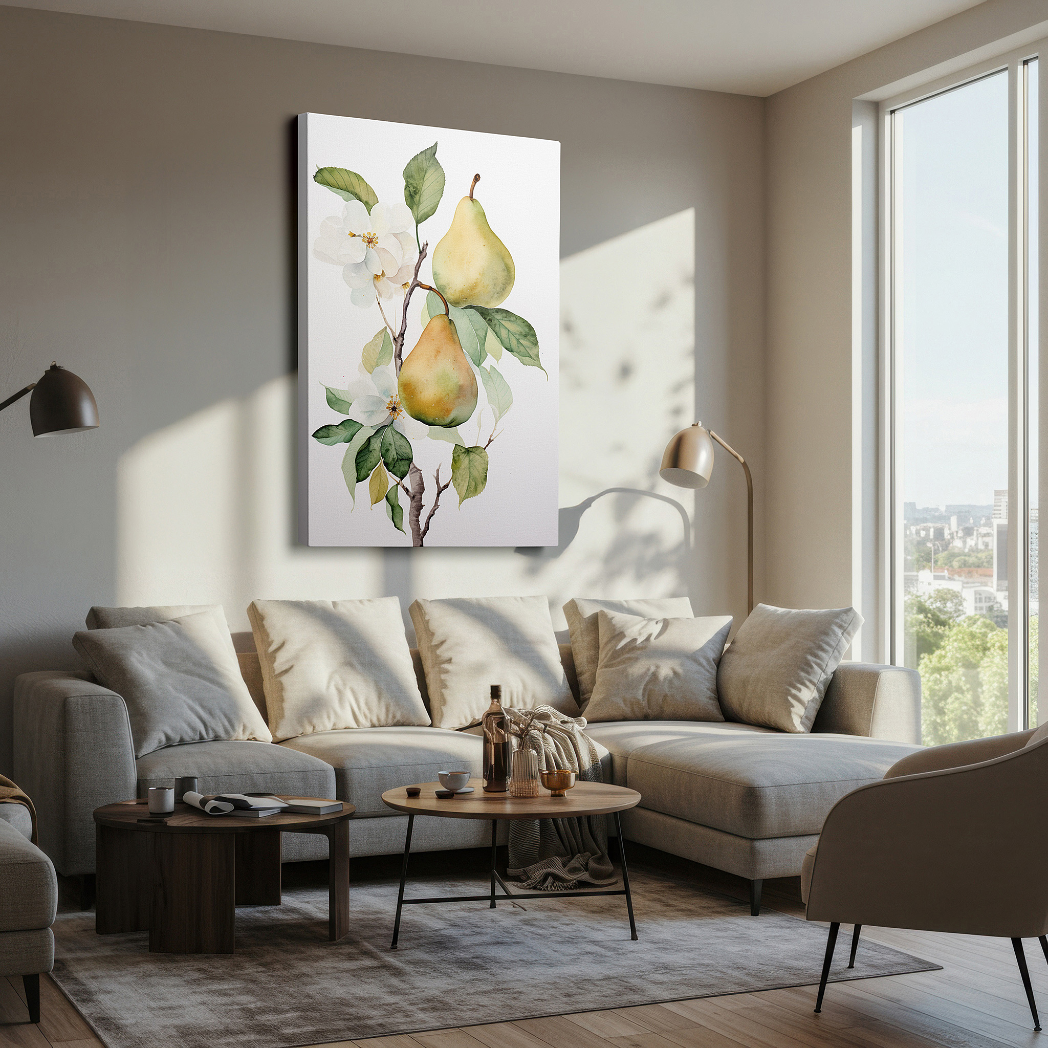 Displayed above a contemporary leather sofa in warm light — serene garden view featuring mature pears and delicate white flowers, oversized wall art, canvas art, decorative wall art for office, bedroom, and living room
