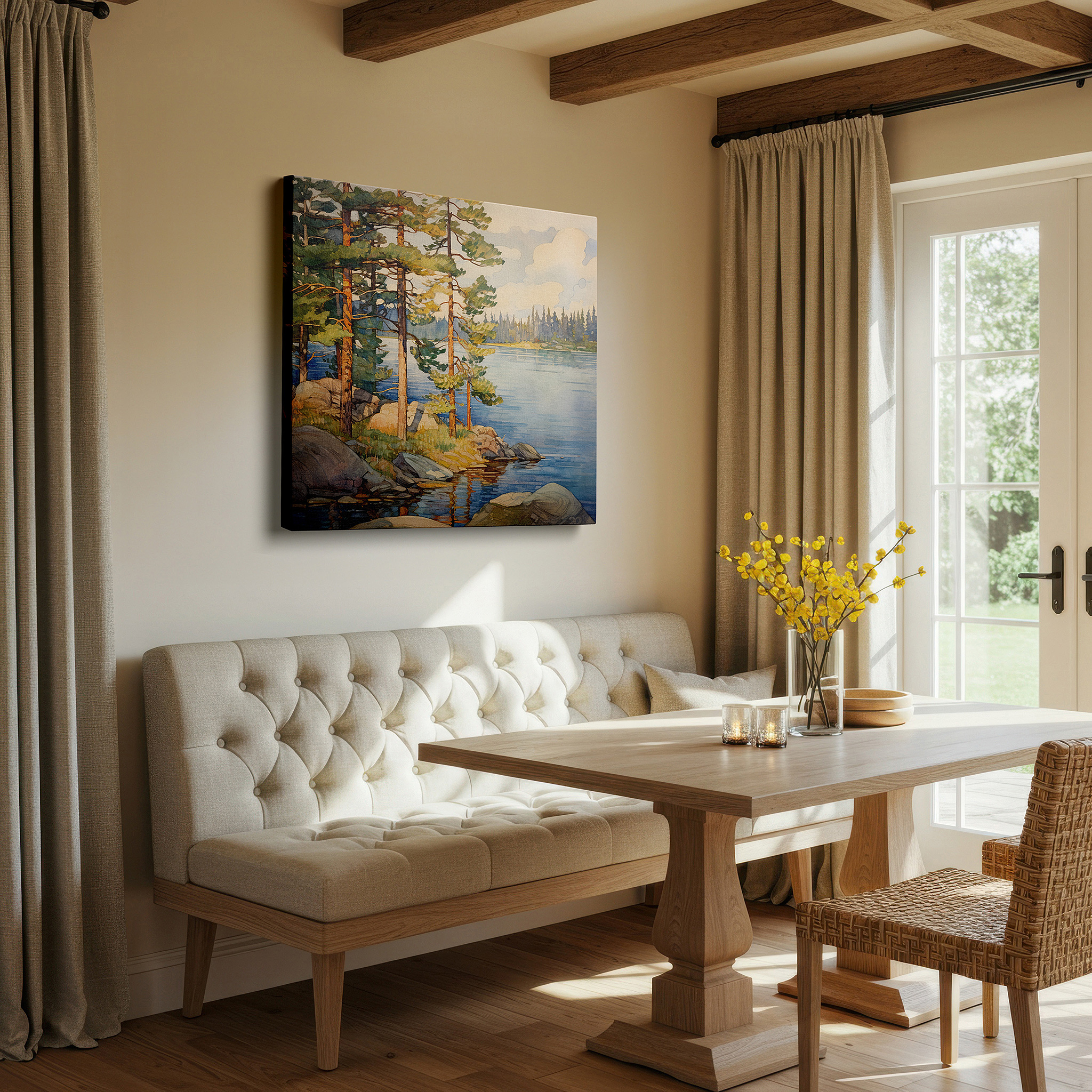 Displayed above a contemporary leather sofa in warm light — serene lake and towering pines mirroring mountain peaks on calm waters, large canvas wall art for office and bedroom decor