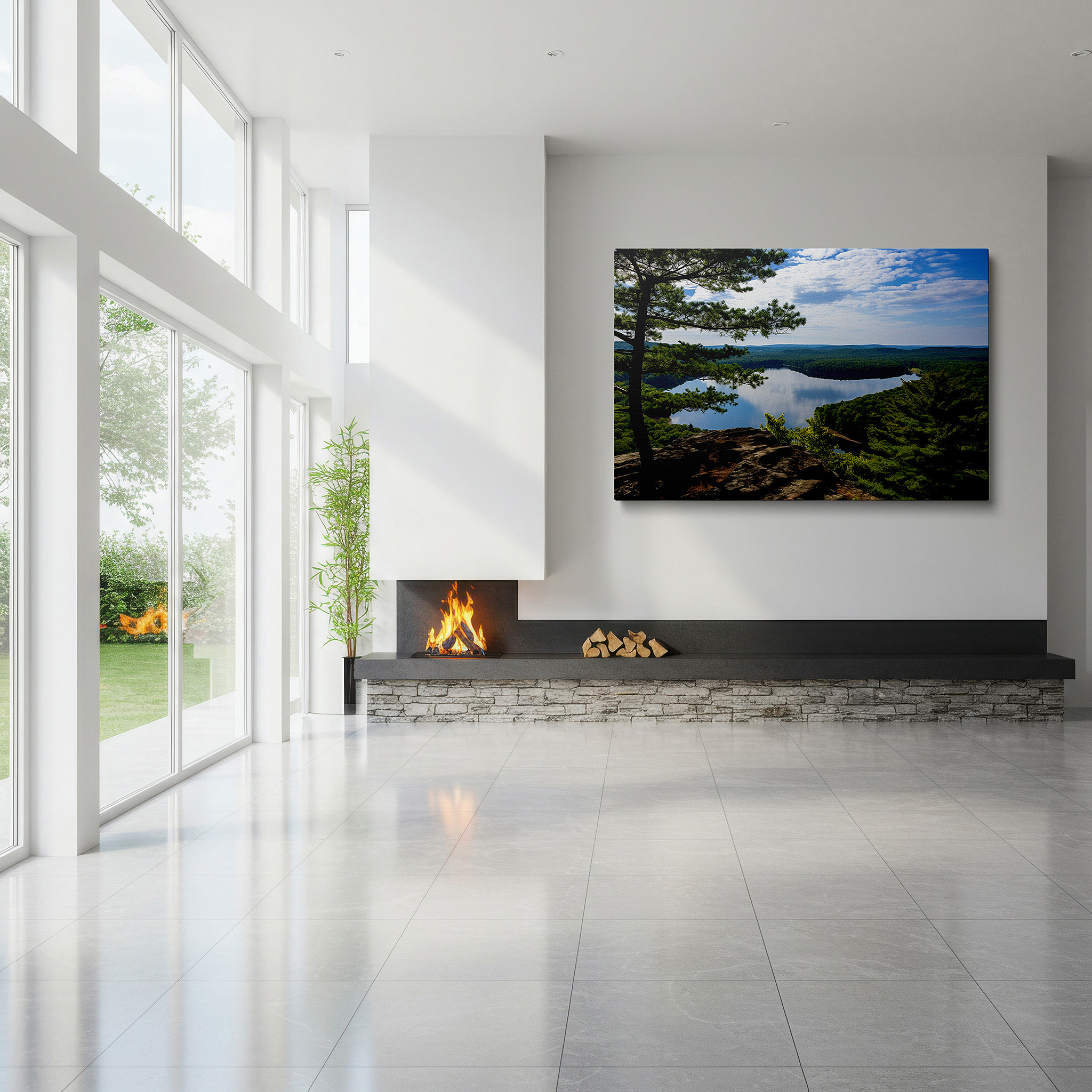 Displayed above a contemporary leather sofa in warm light — serene lake and verdant forest reflections under a clear blue sky - large canvas wall art for office and bedroom decor