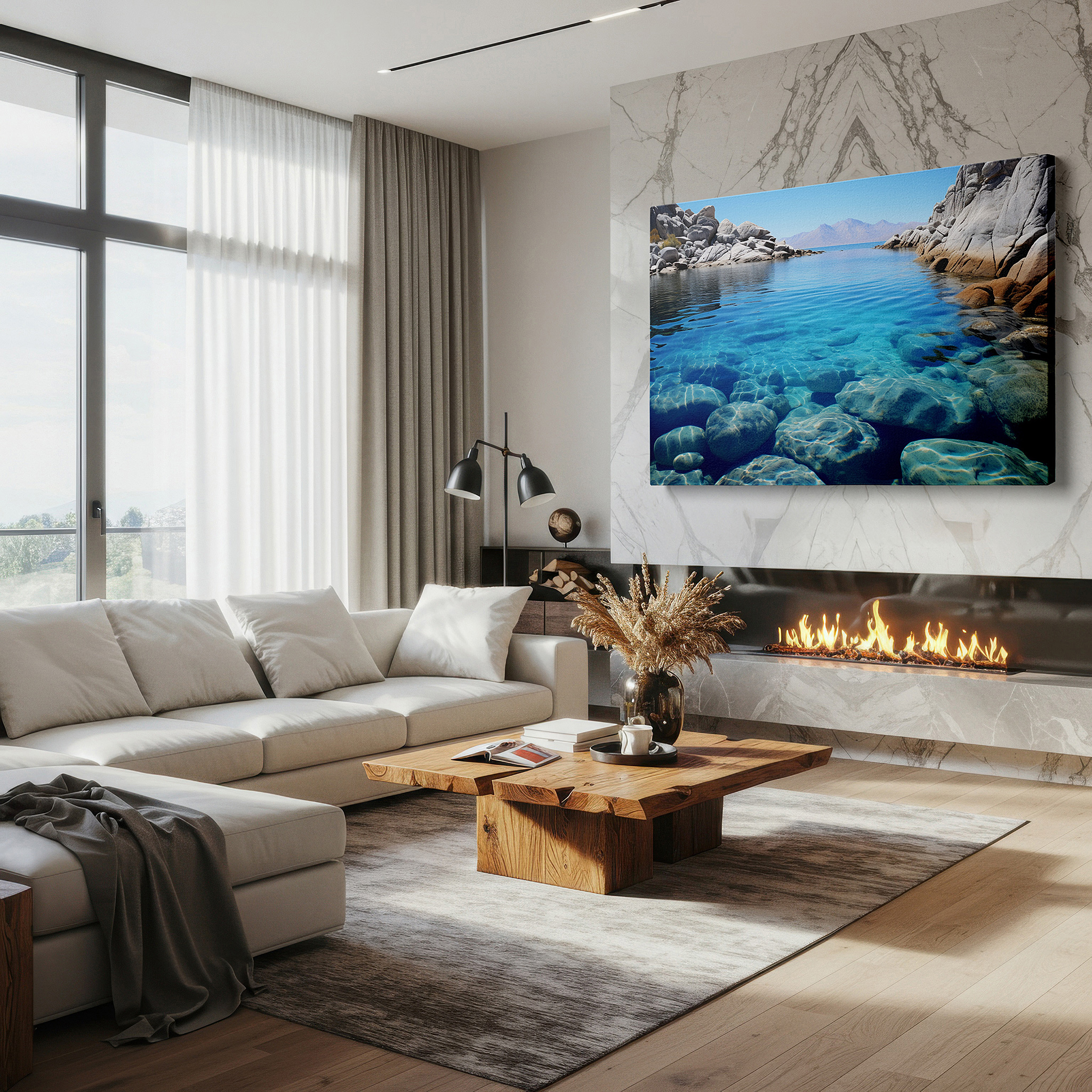 Displayed above a contemporary leather sofa in warm light — serene lakeside reflections and rugged shores - tranquil nature escape large wall art, canvas wall art, wall decor for office