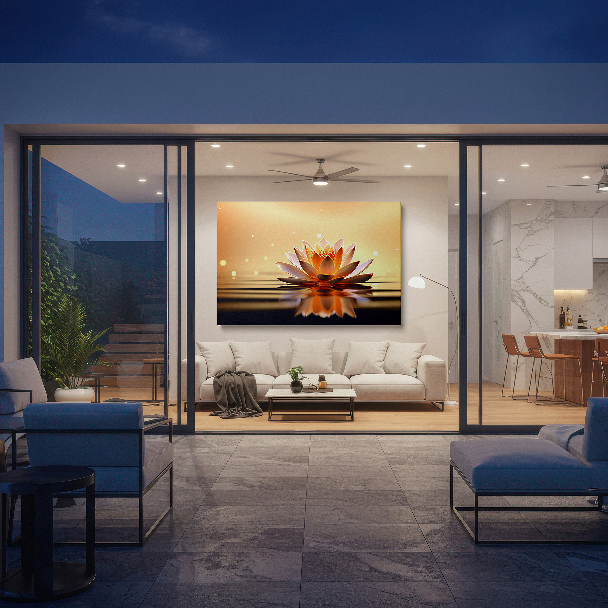 Displayed above a contemporary leather sofa in warm light — serene lotus flower on tranquil waters: a symbol of purity and enlightenment - large canvas wall art for office decor