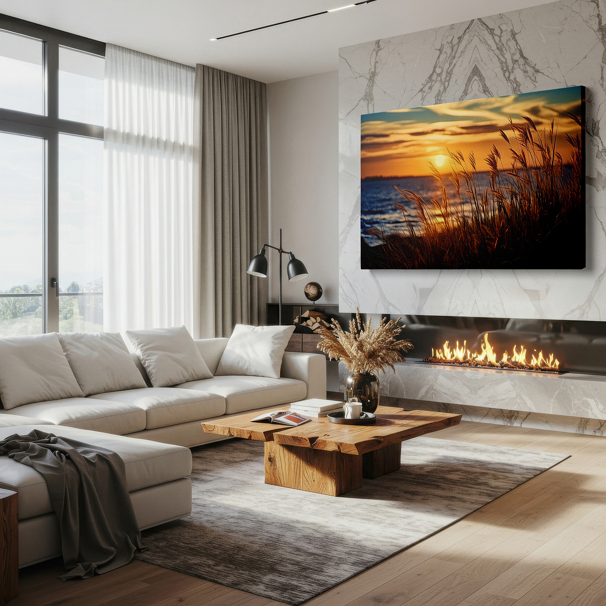 Displayed above a contemporary leather sofa in warm light — serene meadow at sunset: large canvas wall art featuring golden grass and reflective waters for office, bedroom, and living room decor