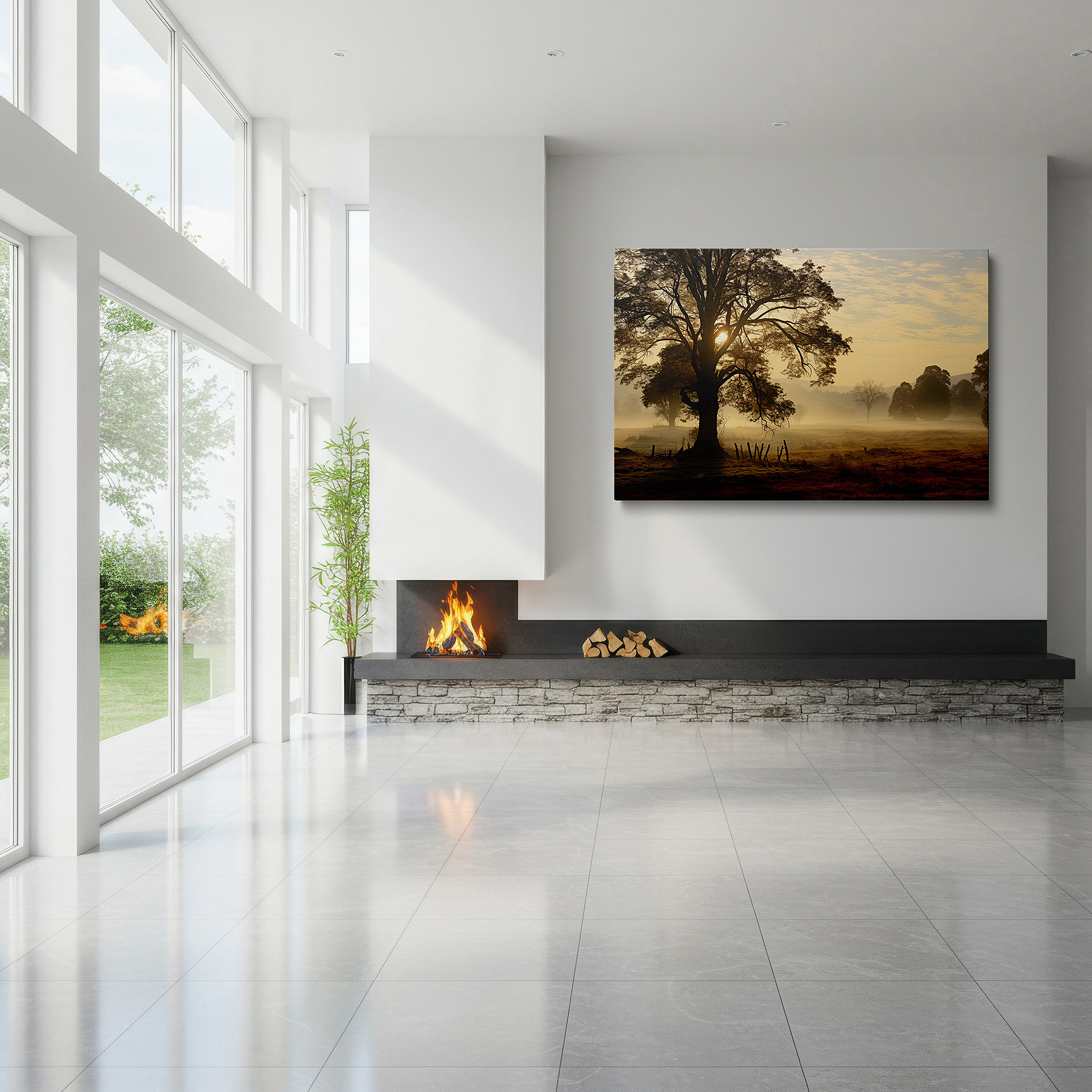 Displayed above a contemporary leather sofa in warm light — serene morning scene with misty tree and soft pastel sky - large canvas wall art for office and bedroom decor