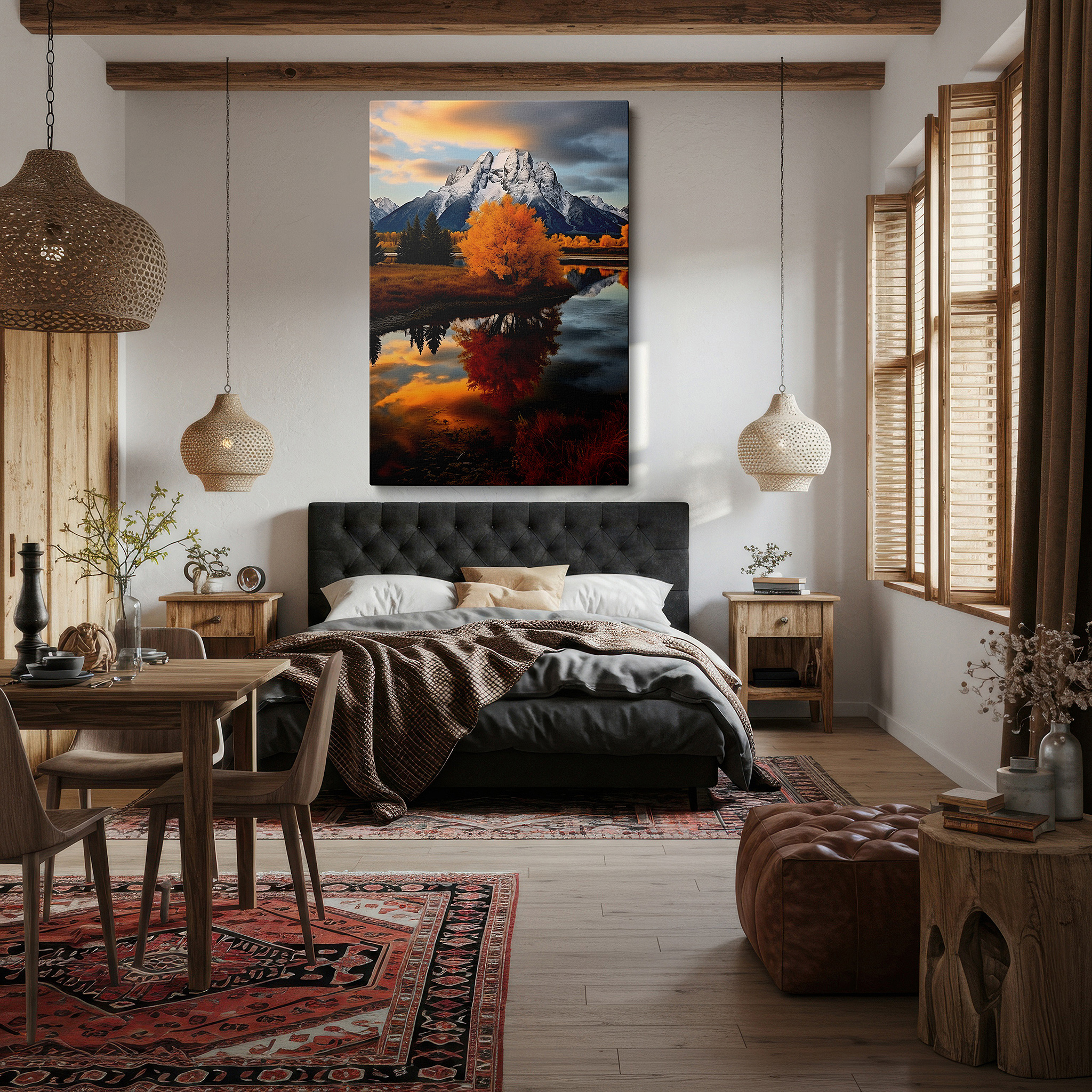 Displayed above a contemporary leather sofa in warm light — serene mountain tops and fall forest reflections large wall art, canvas wall art, wall decor for office, bedroom, and living room