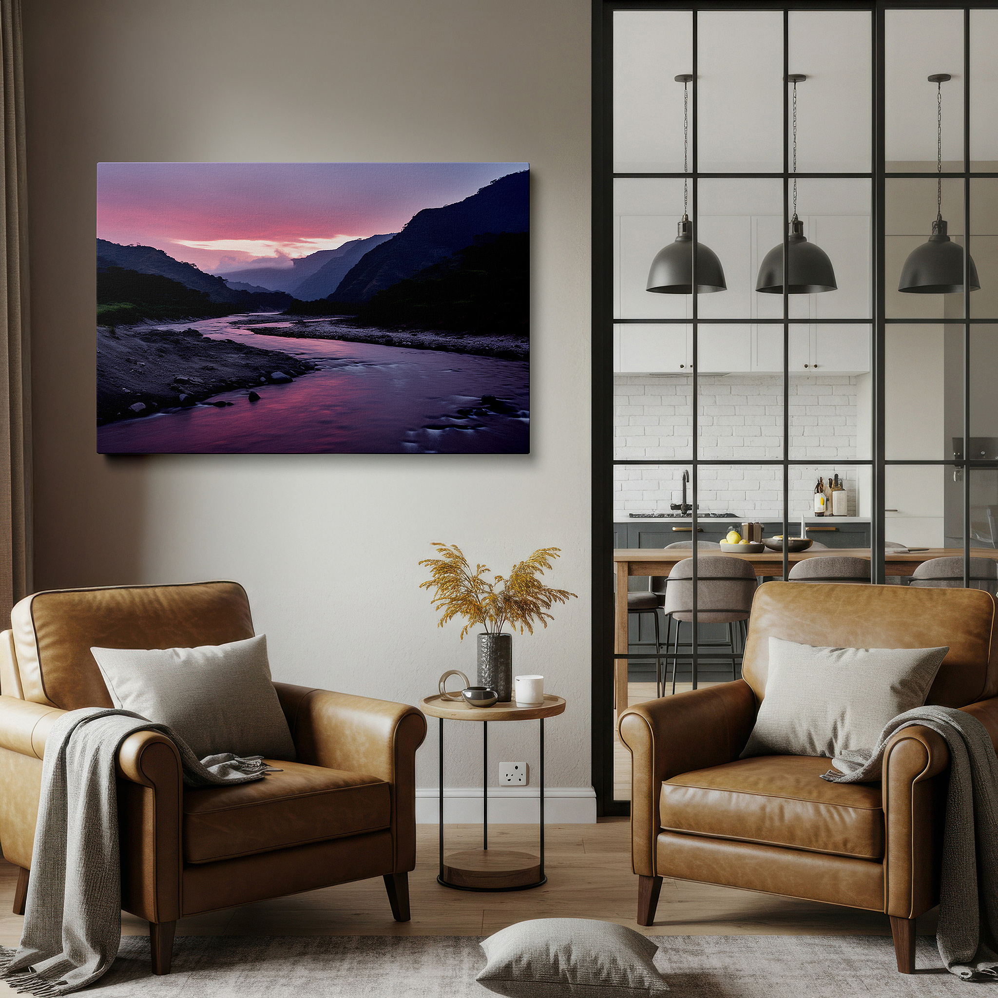 Displayed above a contemporary leather sofa in warm light — serene riverbed at sunset: large canvas wall art featuring tranquil fiery skies and reflective waters, ideal for office wall decor