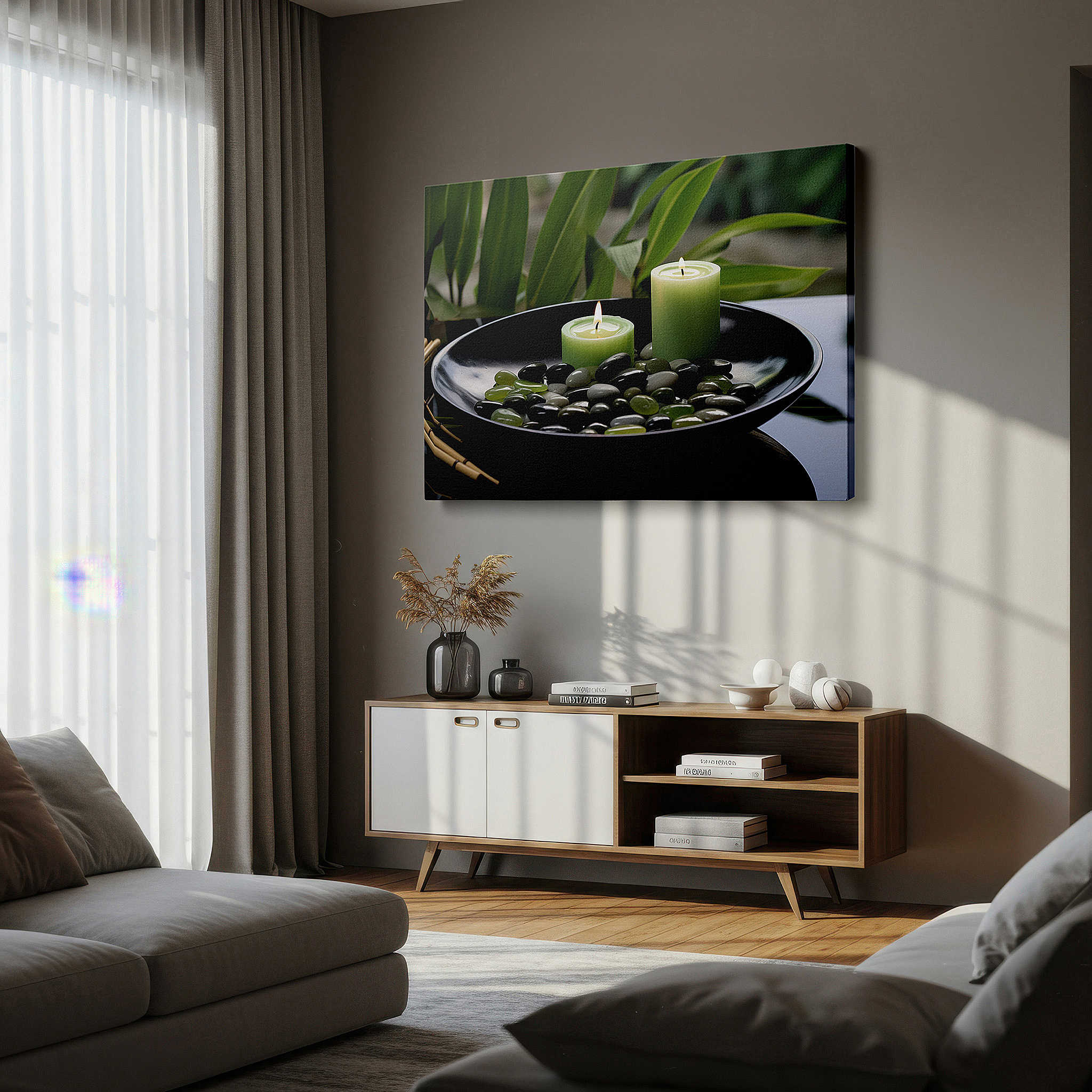 Displayed above a contemporary leather sofa in warm light — serene stones and candles surrounded by lush greenery, tranquil still life wall art, large canvas decor for office and bedroom