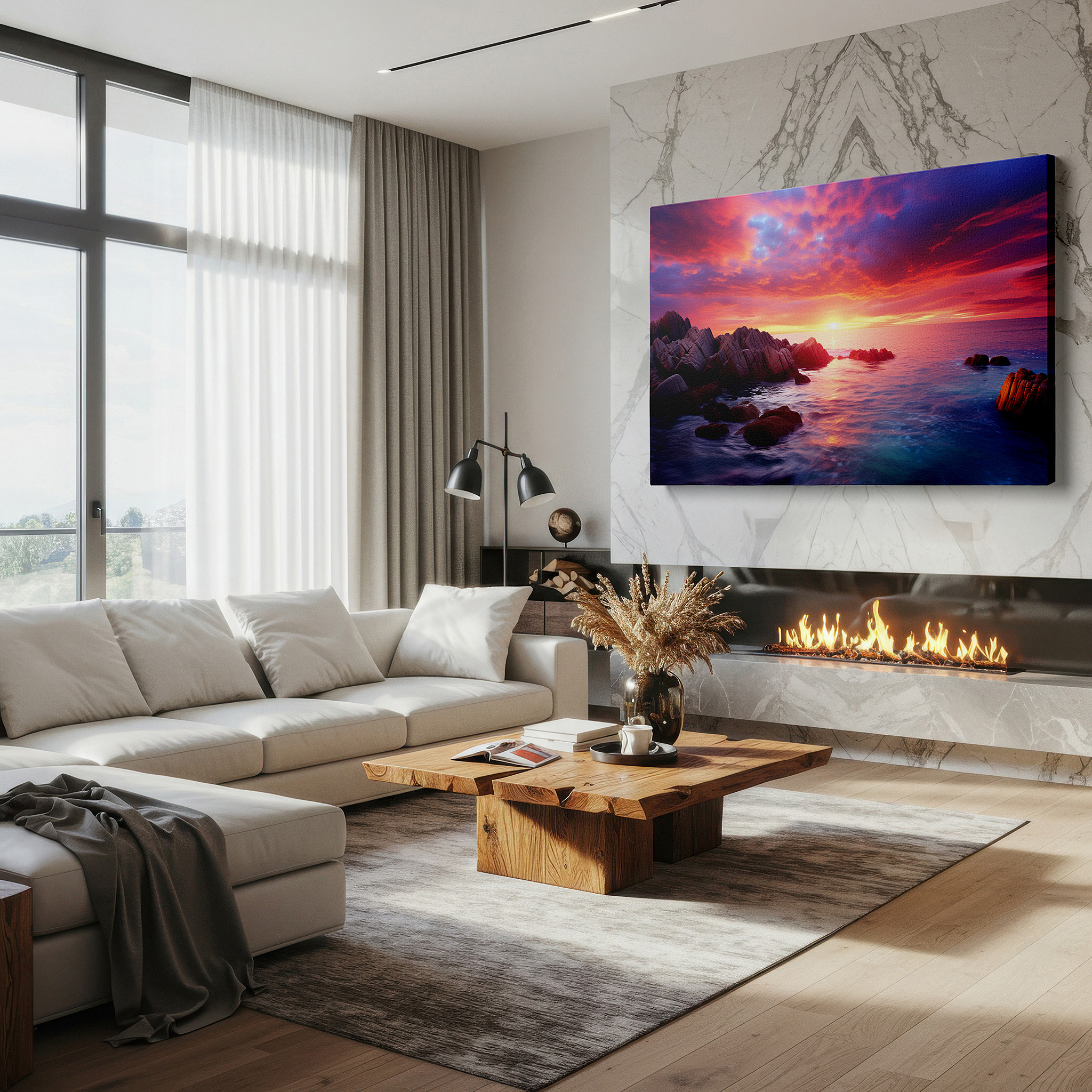 Displayed above a contemporary leather sofa in warm light — serene sunset over calm waters: a vivid display of fiery oranges, deep reds, and soothing purples - large canvas wall art decor