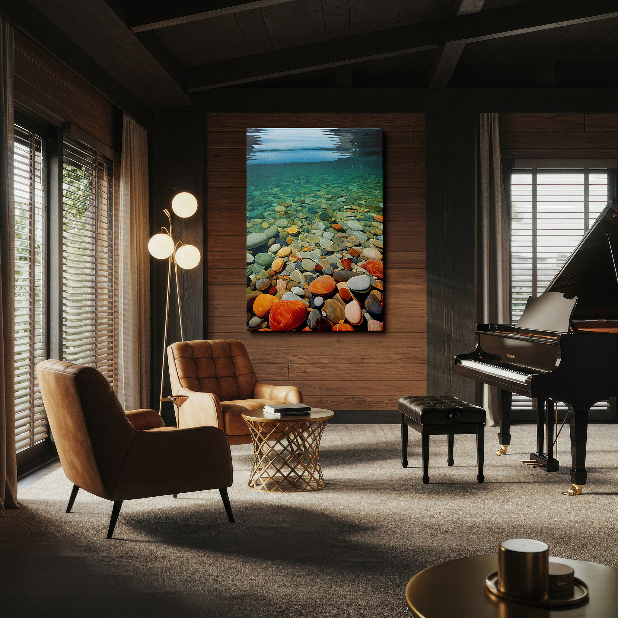 Displayed above a contemporary leather sofa in warm light — serene underwater pebble landscape with sunlit hues, large canvas wall art for office, bedroom, and living room decor