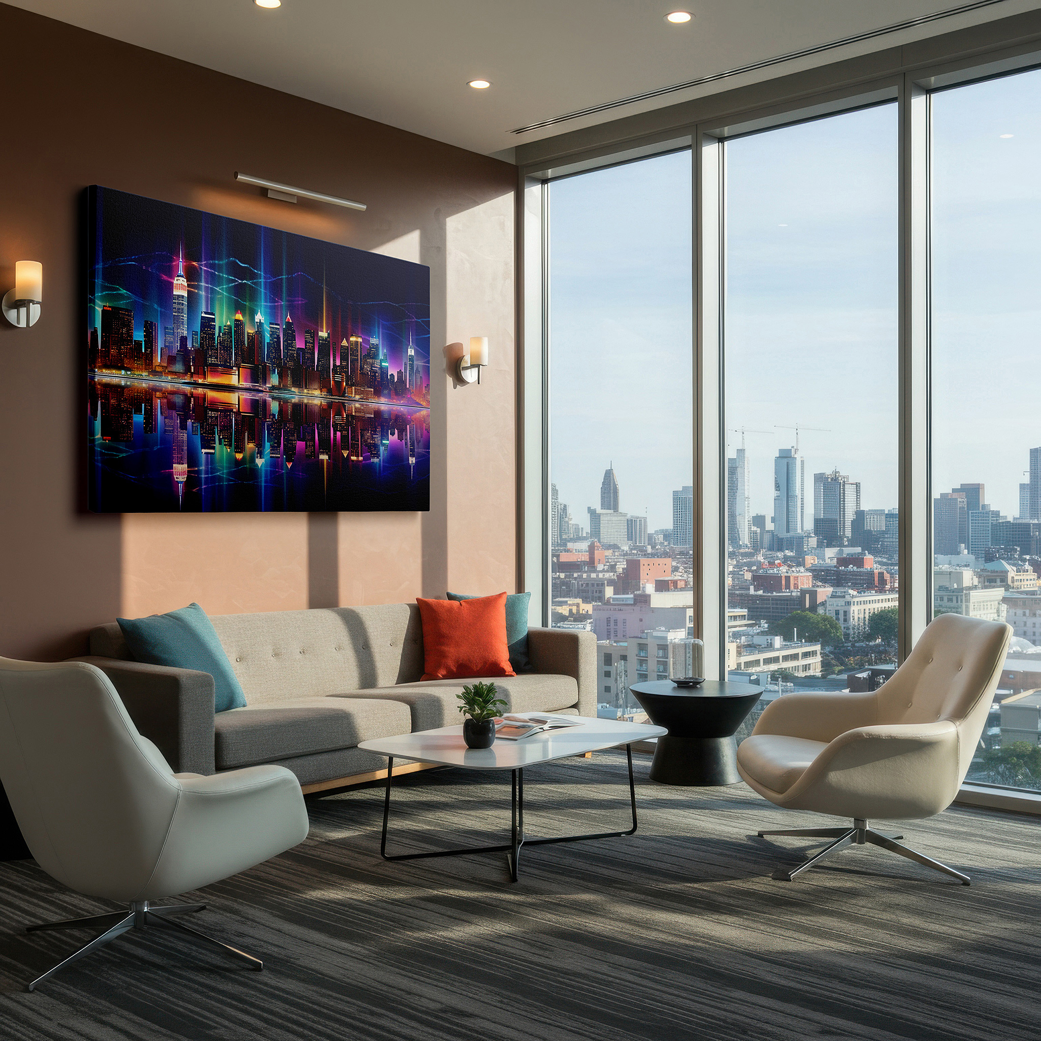 Displayed above a contemporary leather sofa in warm light — serene urban night canvas: vibrant skyline and reflective waters - large wall art for office and bedroom decor