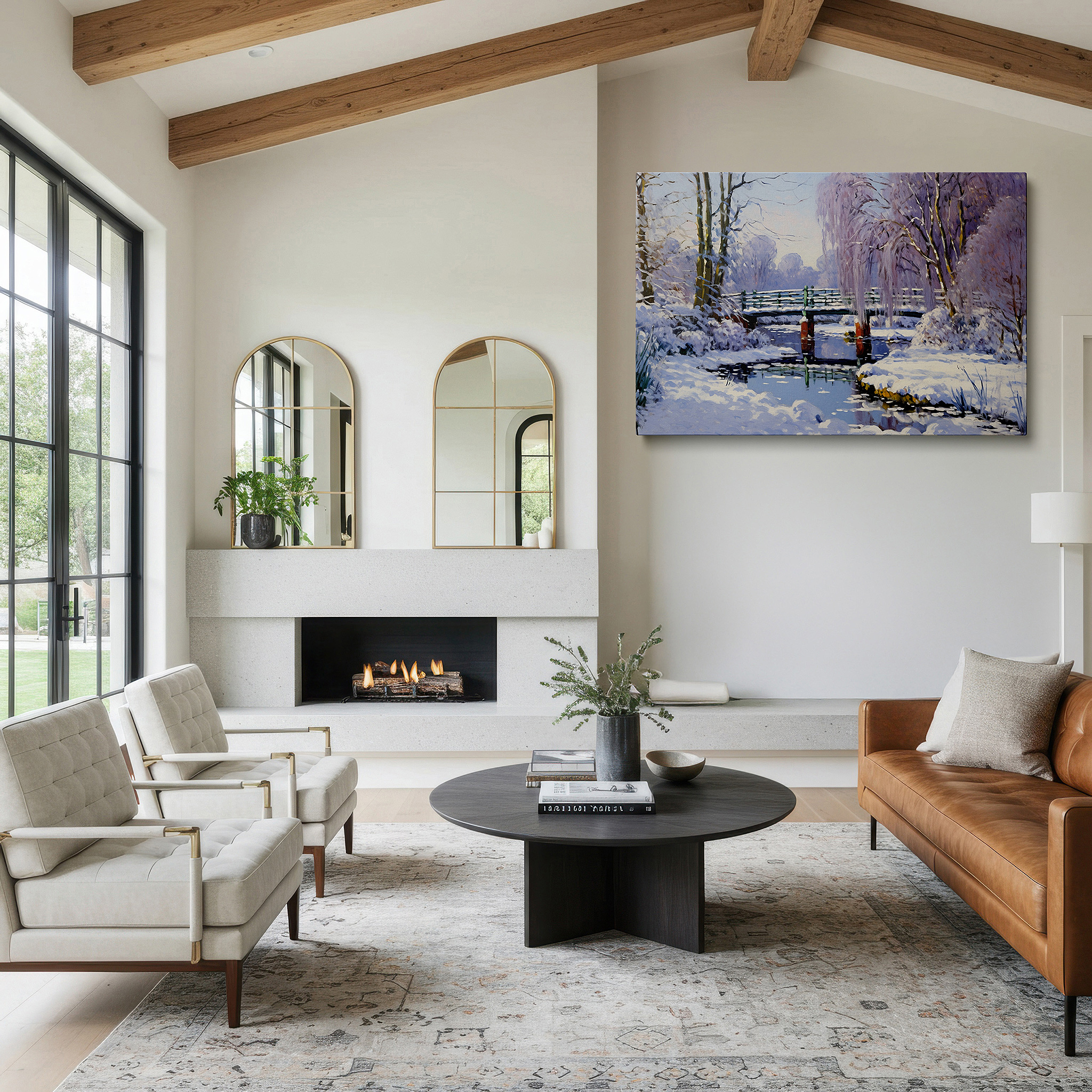 Displayed above a contemporary leather sofa in warm light — serene winter scene featuring a rustic wooden bridge over a snowy stream - large canvas wall art for home and office decor